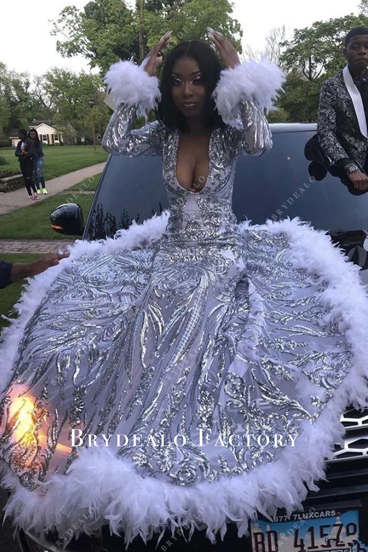 Plunging Silver Sequin White Feather Long Train Mermaid Prom Dress Plunging Silver Sequin White Feather Long Train Mermaid Prom Dress