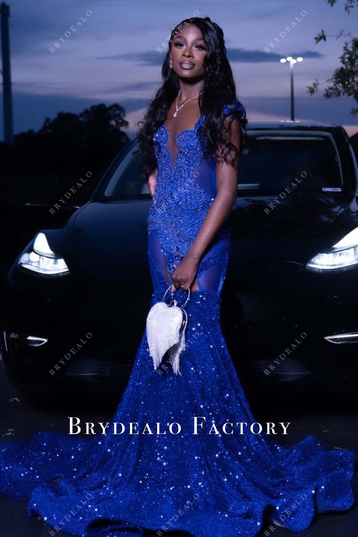 Royal Blue Horsehair Chapel Train Prom Dress