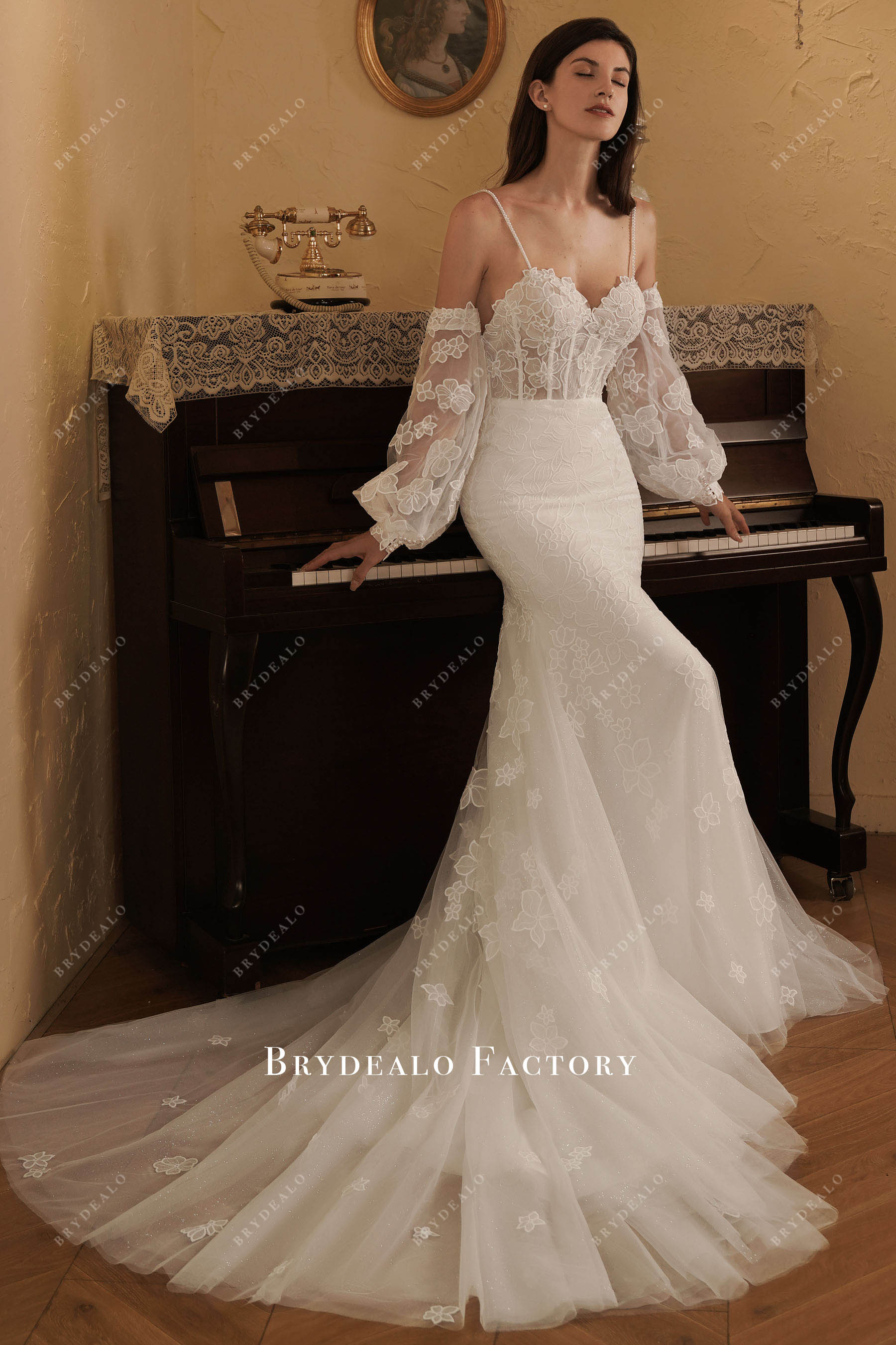 mermaid flower lace wedding dress