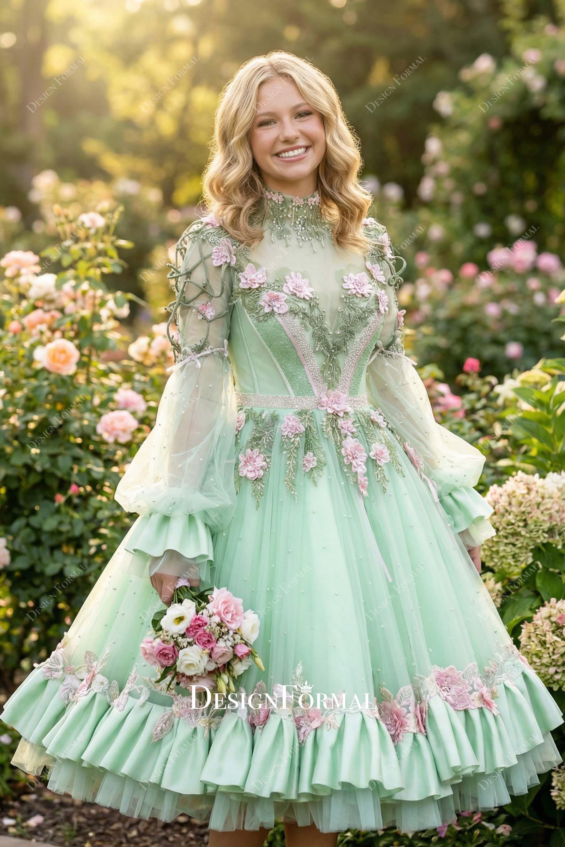 Pink Flowers Mint Tea Length Forest Wedding Dress