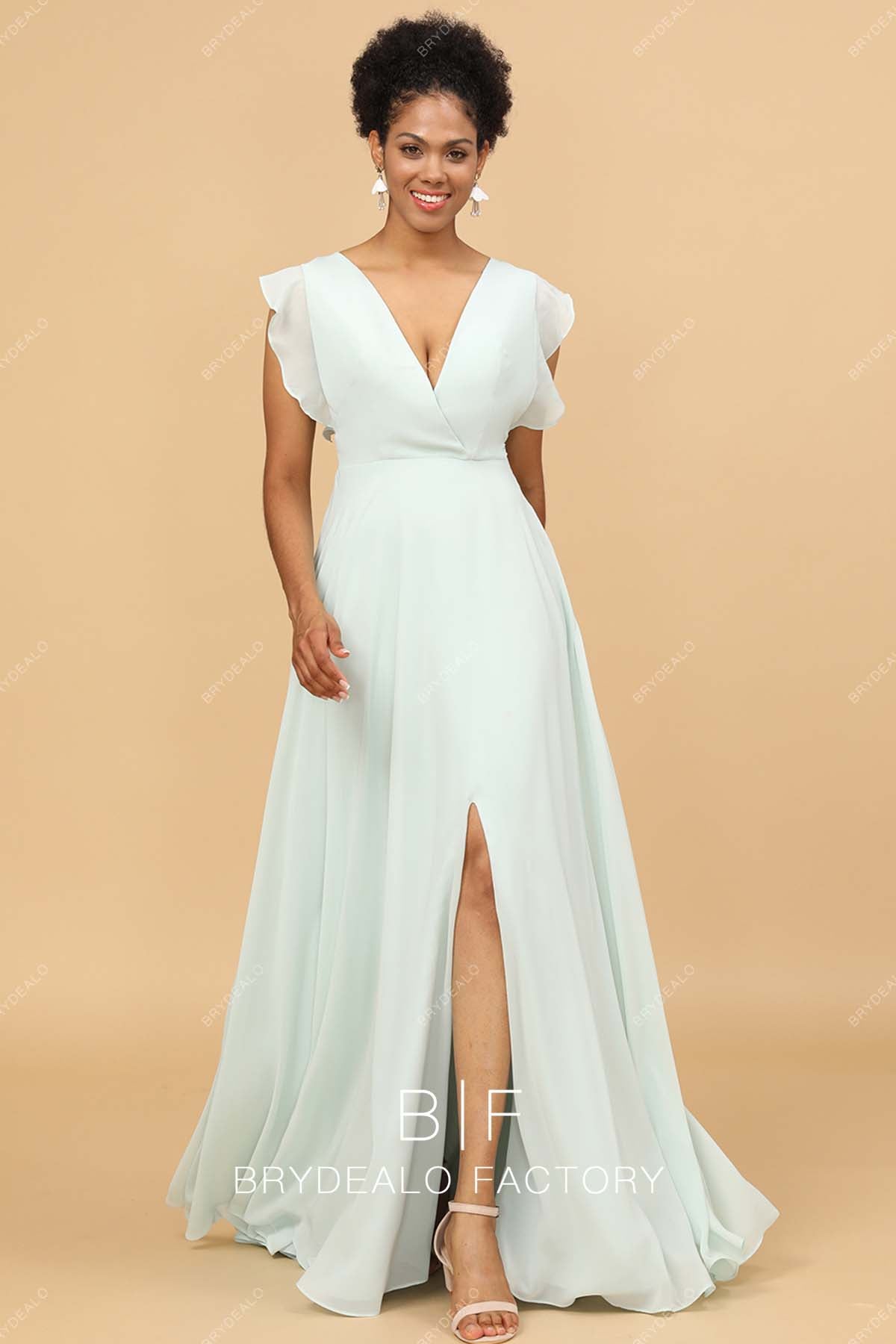 Mint Chiffon V-Neck Flutter Sleeve Slit Long Bridesmaid Evening Prom Dress