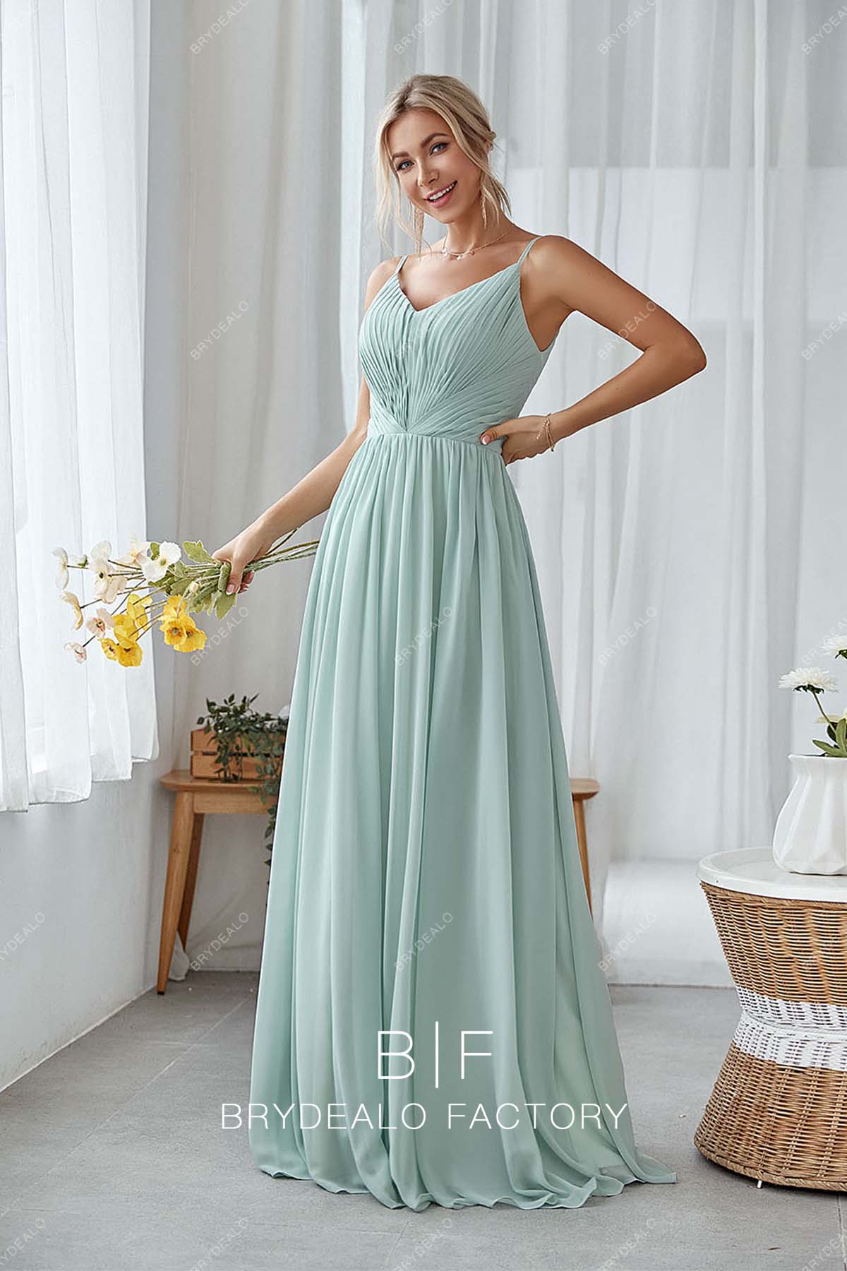 Mint Pleated Chiffon V-neck Floor Length Modest Bridesmaid Prom Dress