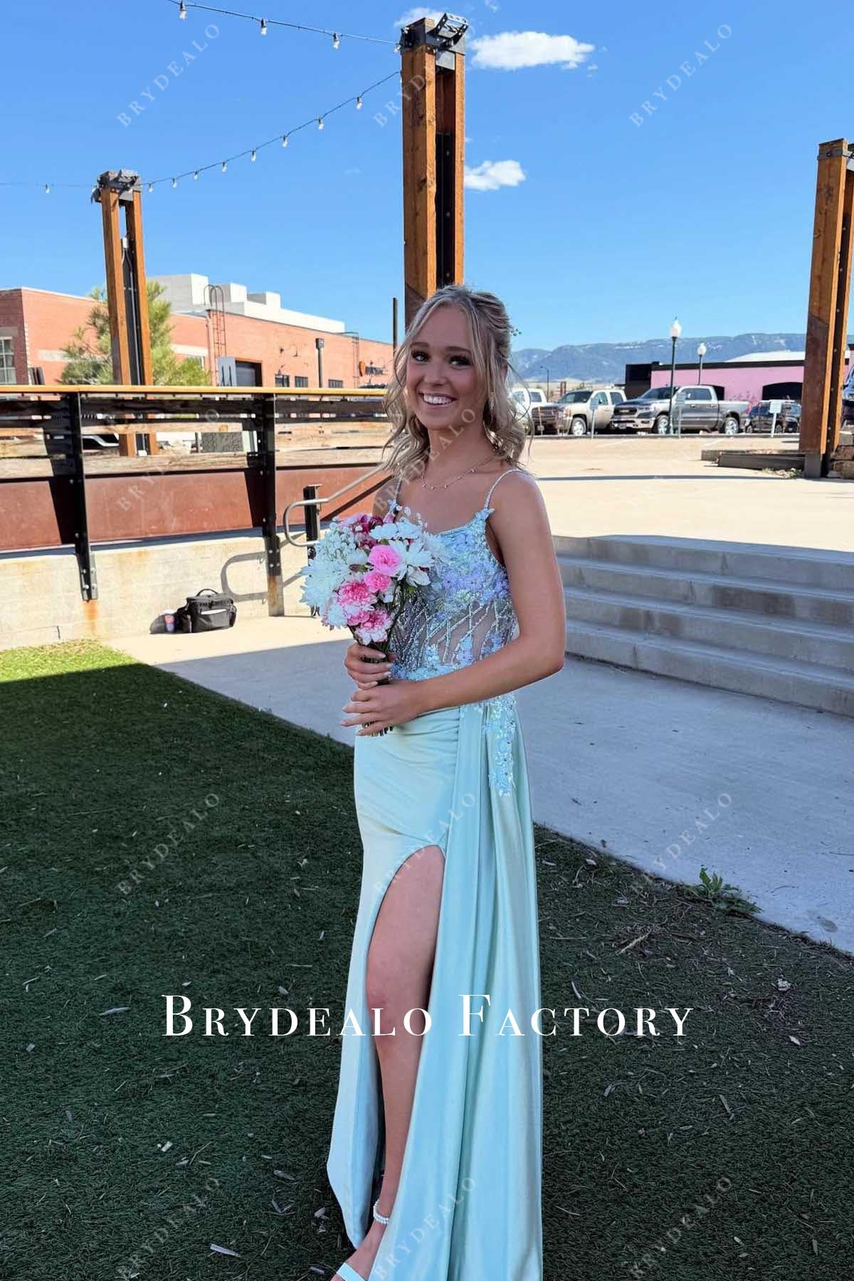 Mint Beaded Plunging Bodice Slit Mermaid Panel Train Prom Dress Mint Beaded Plunging Bodice Slit Mermaid Panel Train Prom Dress