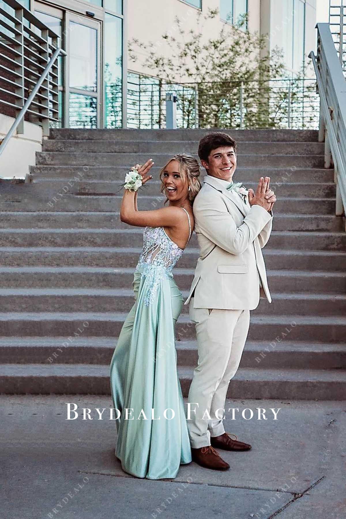 mint thin straps prom dress