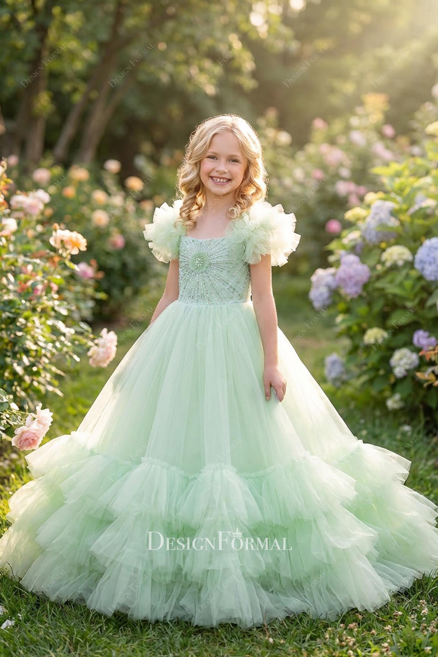 Mint Beaded Bodice Layered Ruffled Tulle Pageant Gown