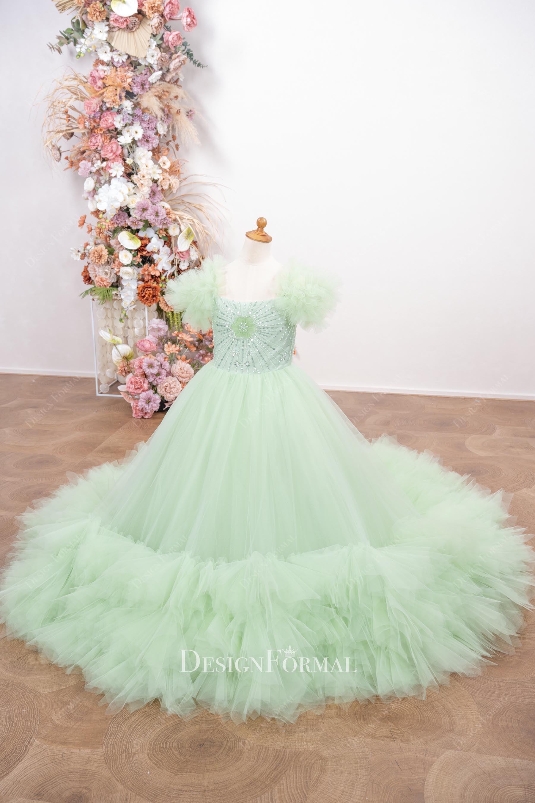 mint tulle long ruffled train pageant dress