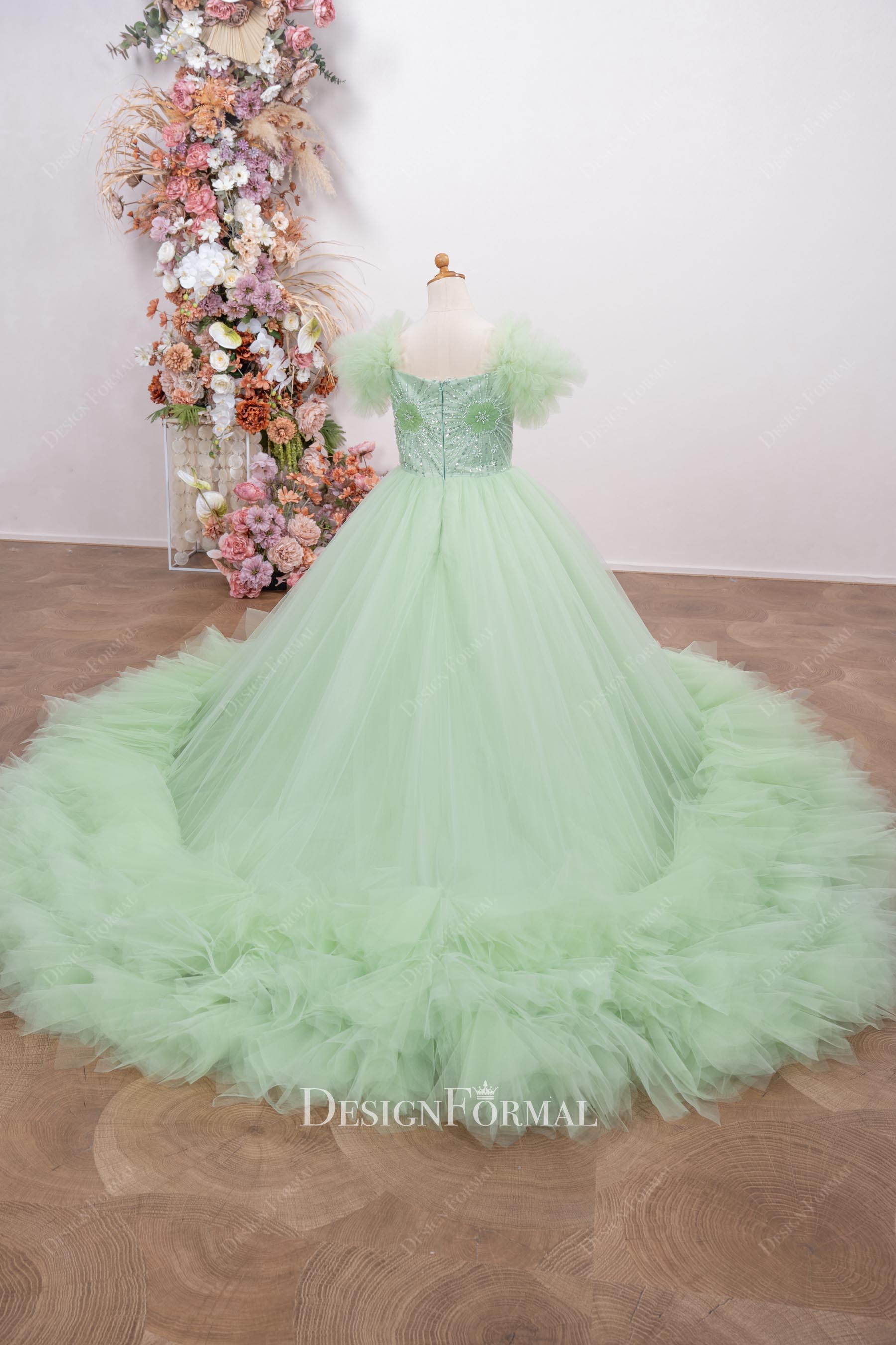 mint tulle ruffled hem pageant dress