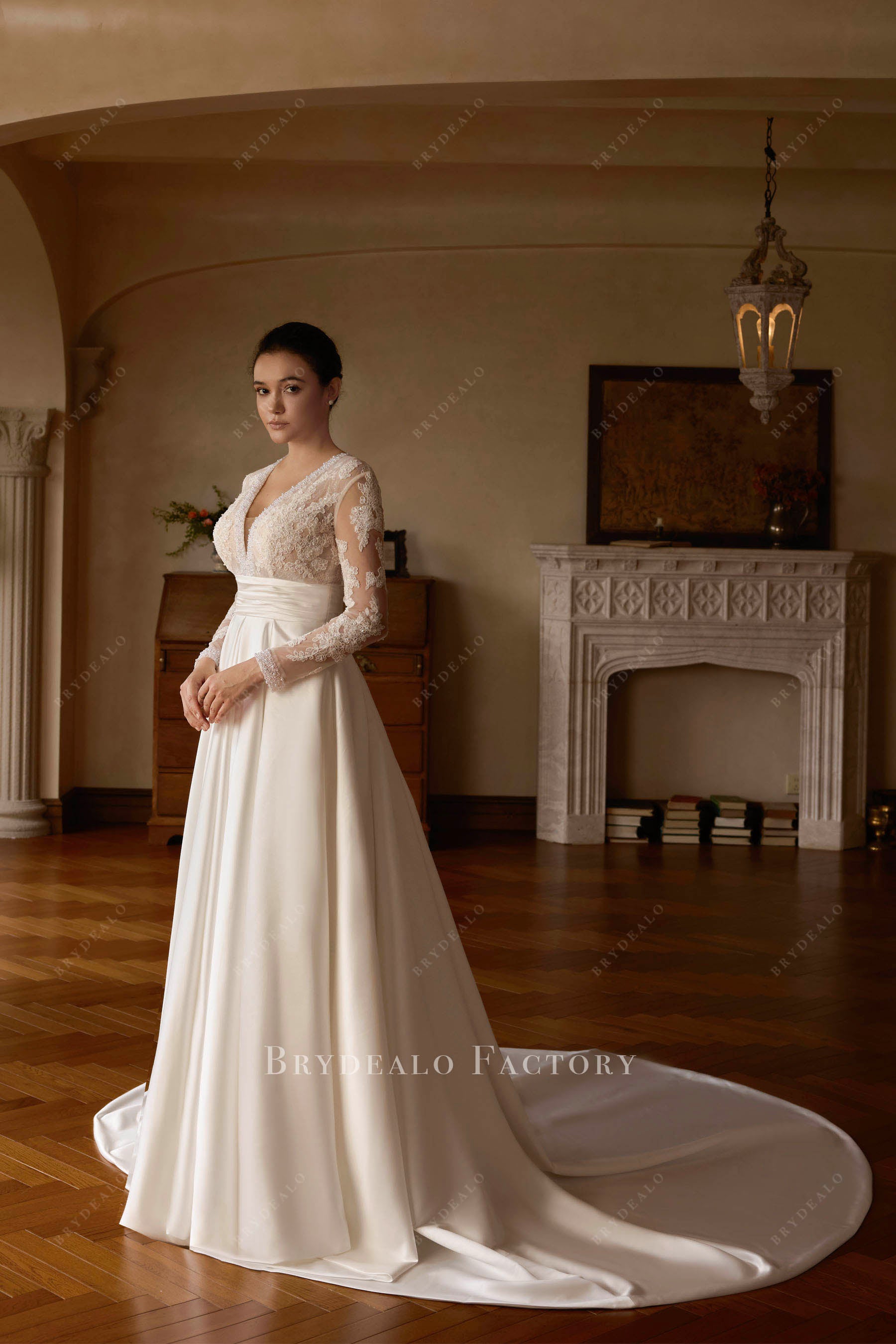 modern cathedral train bridal dress