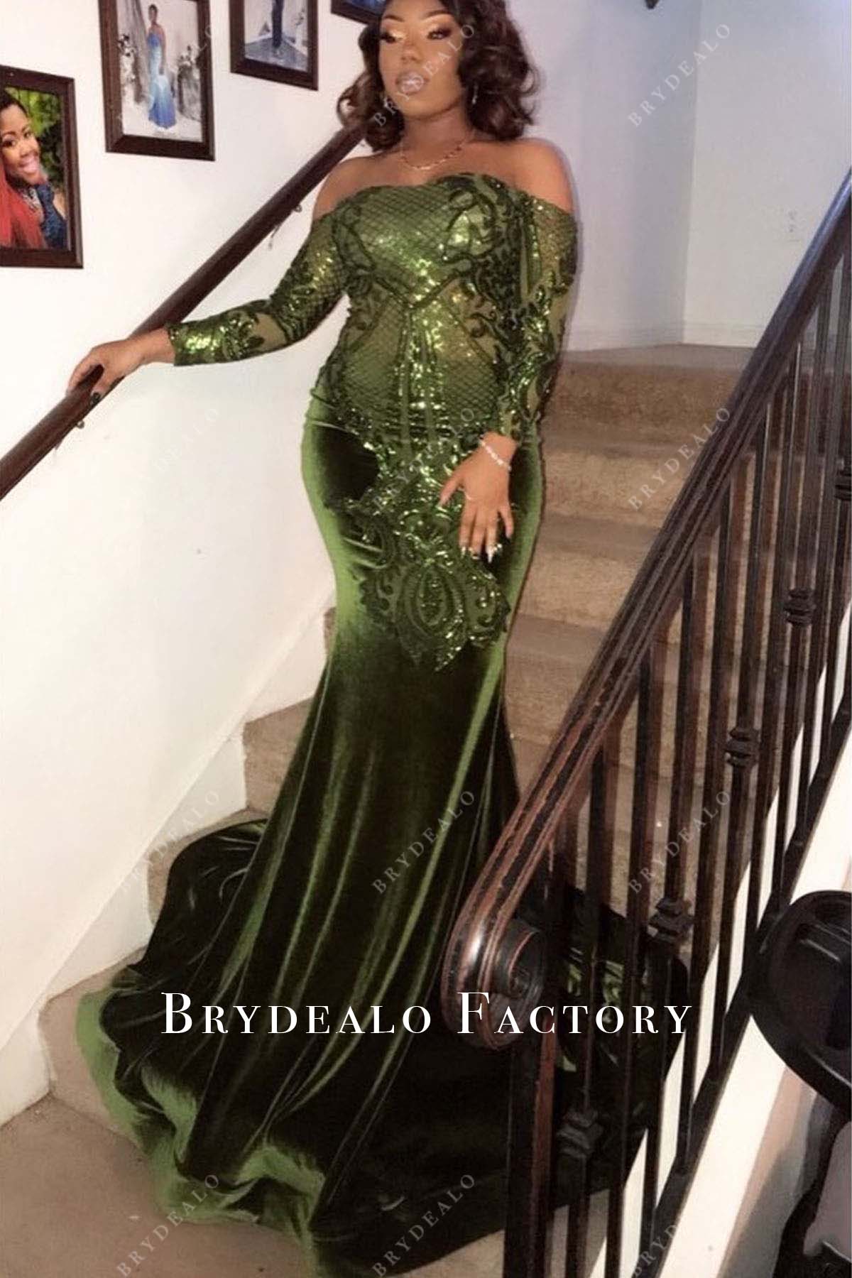 Moss Green Off Shoulder Sequined Pattern Mermaid Dress