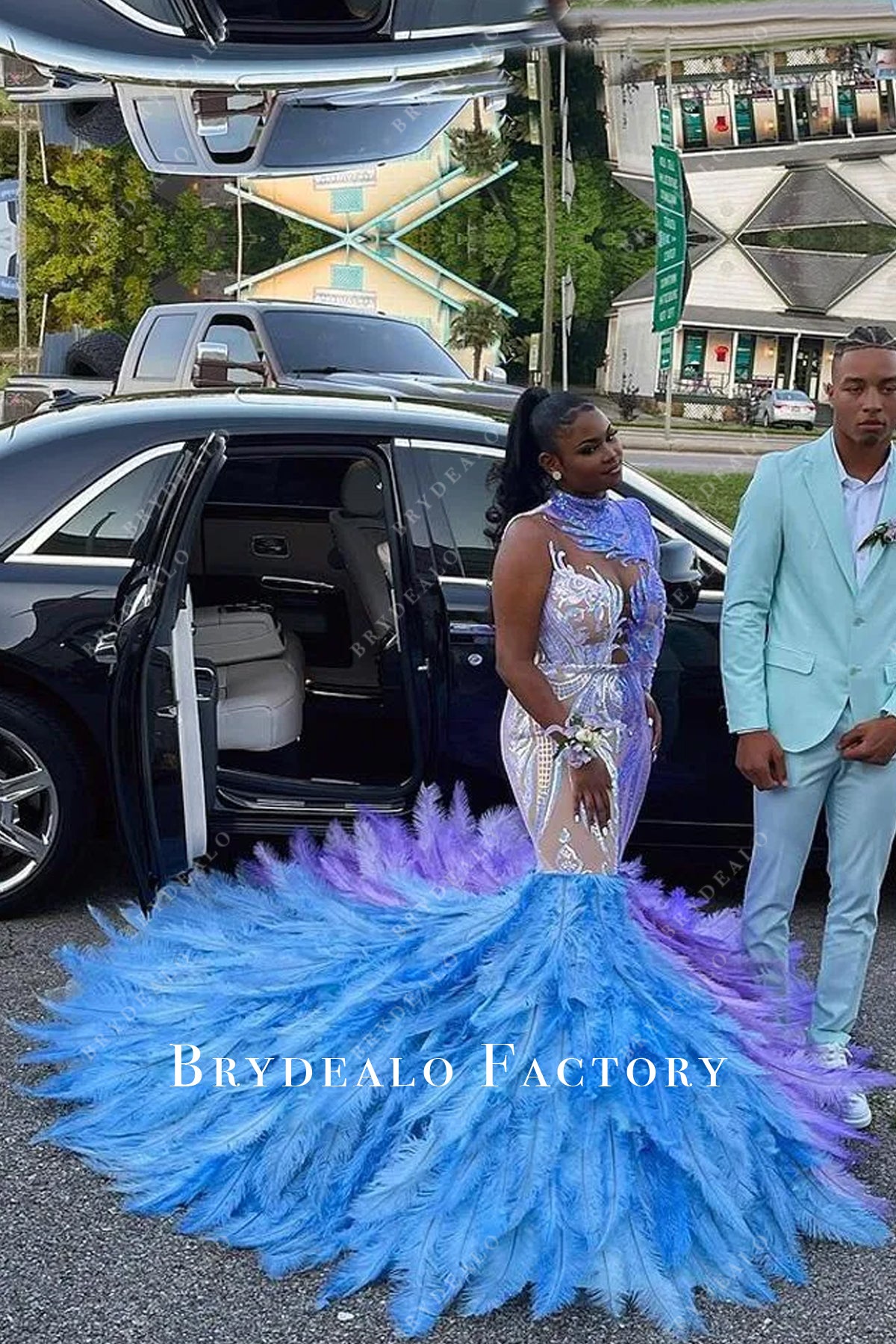 Blue Sequin Big Feather Trumpet Prom Gown