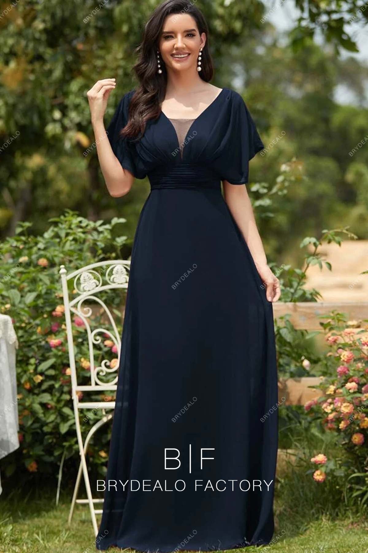 Navy Chiffon Batwing Sleeves Floor Length Bridesmaid Evening Dress Navy Chiffon Batwing Sleeves Floor Length Bridesmaid Evening Dress