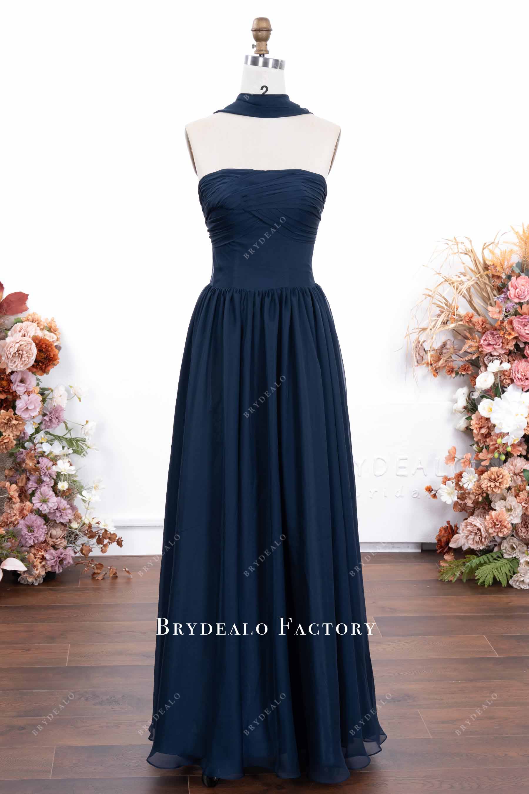 navy chiffon strapless bridesmaid dress