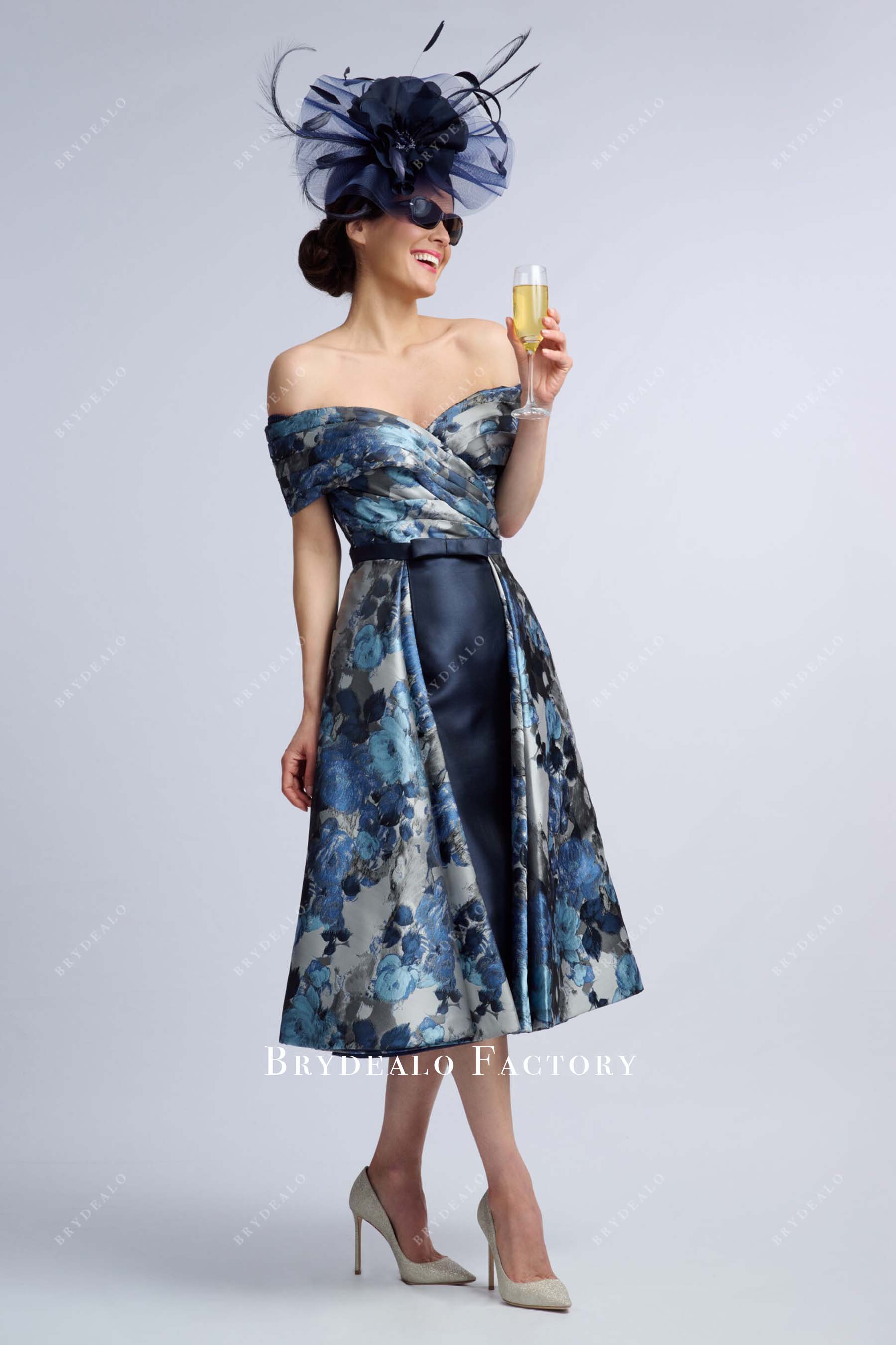 navy grey print mother of bride dress
