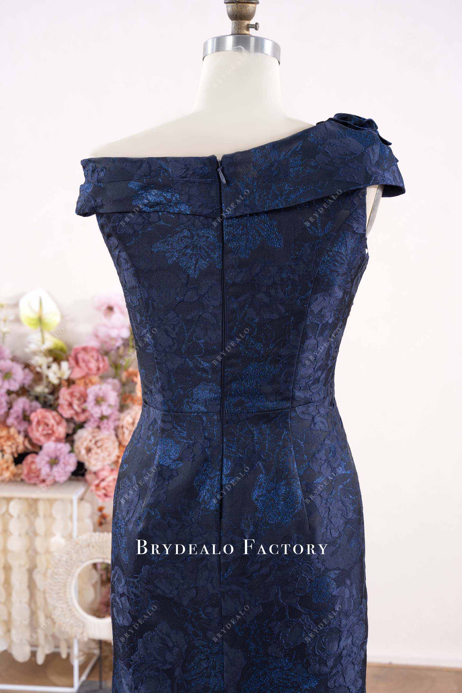 navy jacquard asymmetry shoulder formal dress