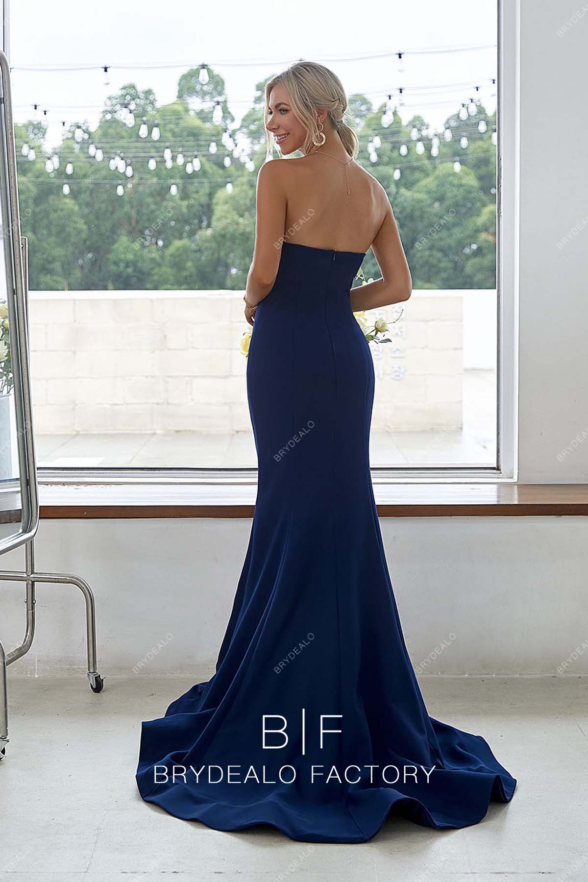 navy mermaid matte bridesmaid gown court train