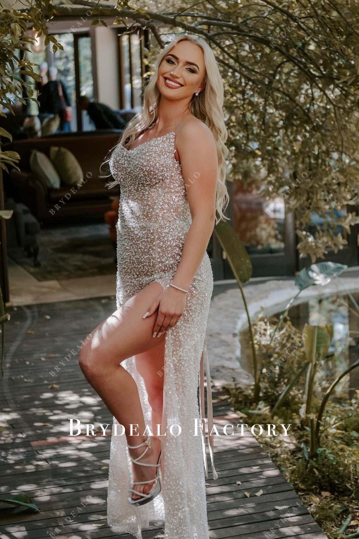 Nude Beaded Sequined Strapless Slit Homecoming Dress Nude Beaded Sequined Strapless Slit Homecoming Dress