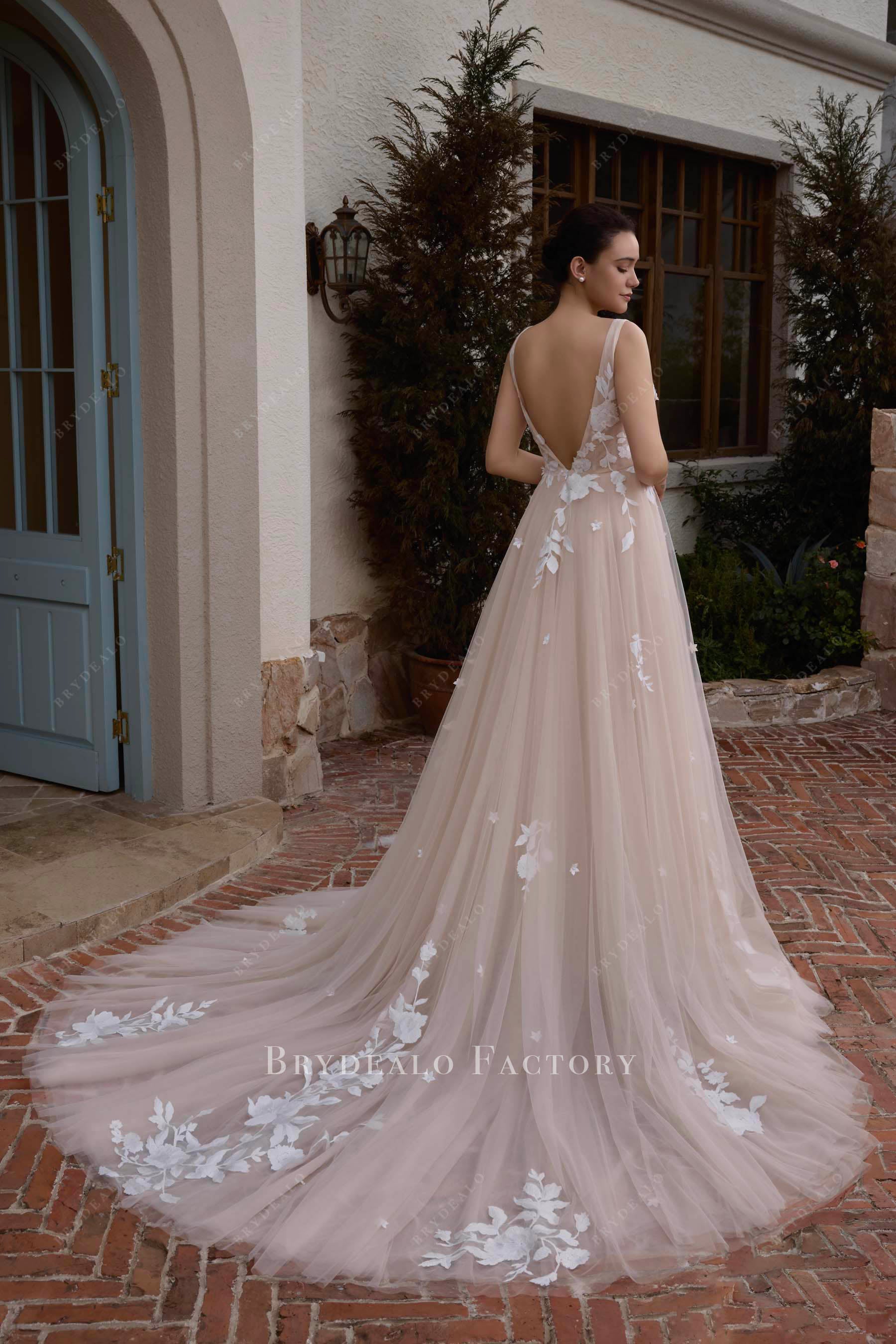 nude beige a line wedding dress