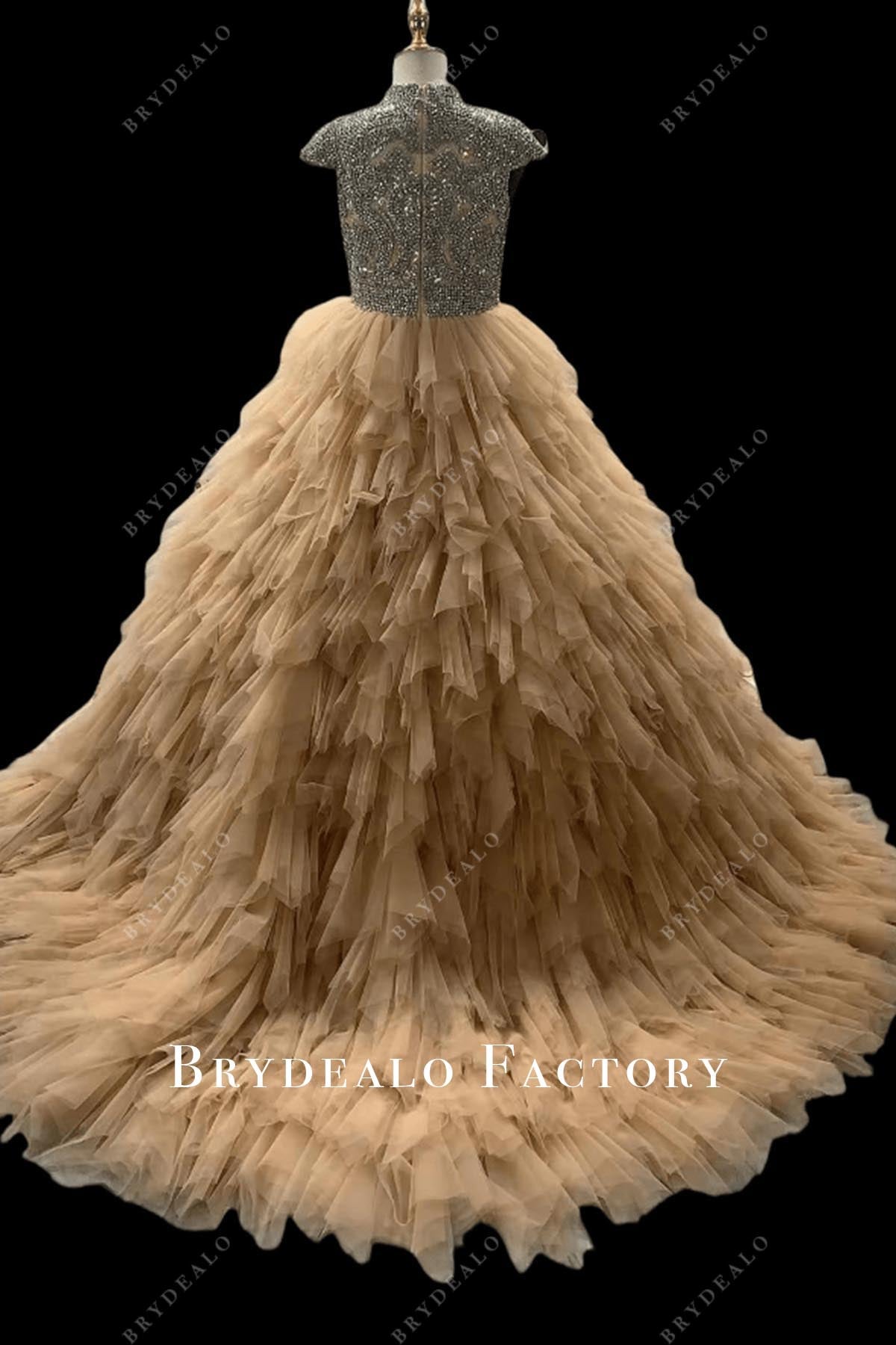 nude beige court train pageant dress