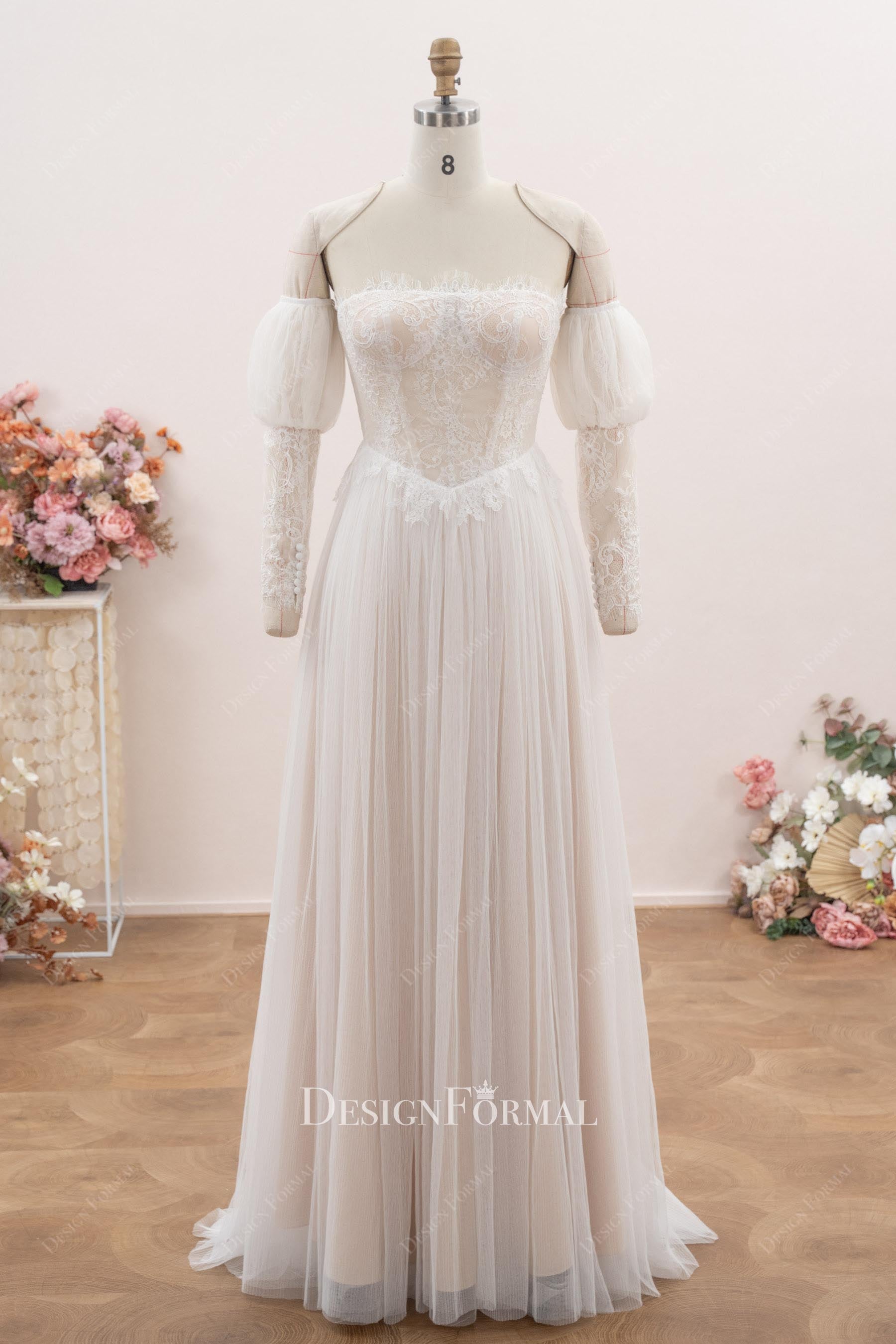 nude beige lace a line wedding dress