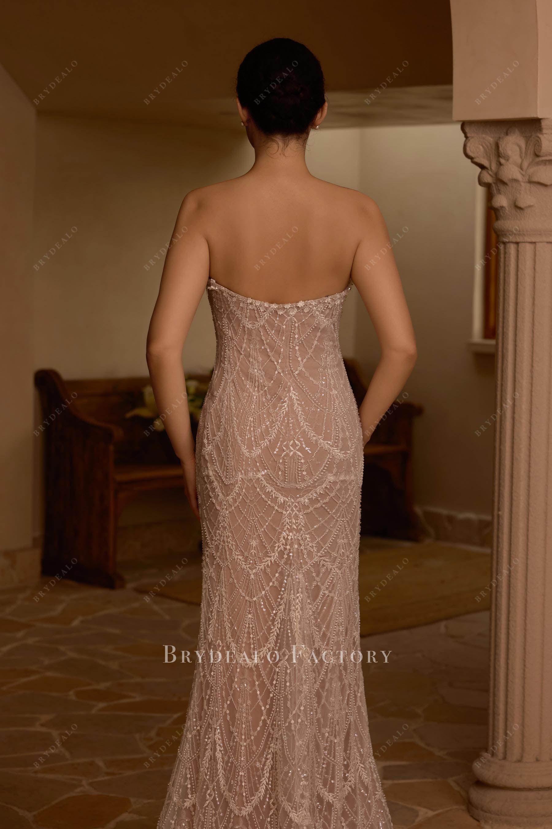 nude beige lace open back bridal dress