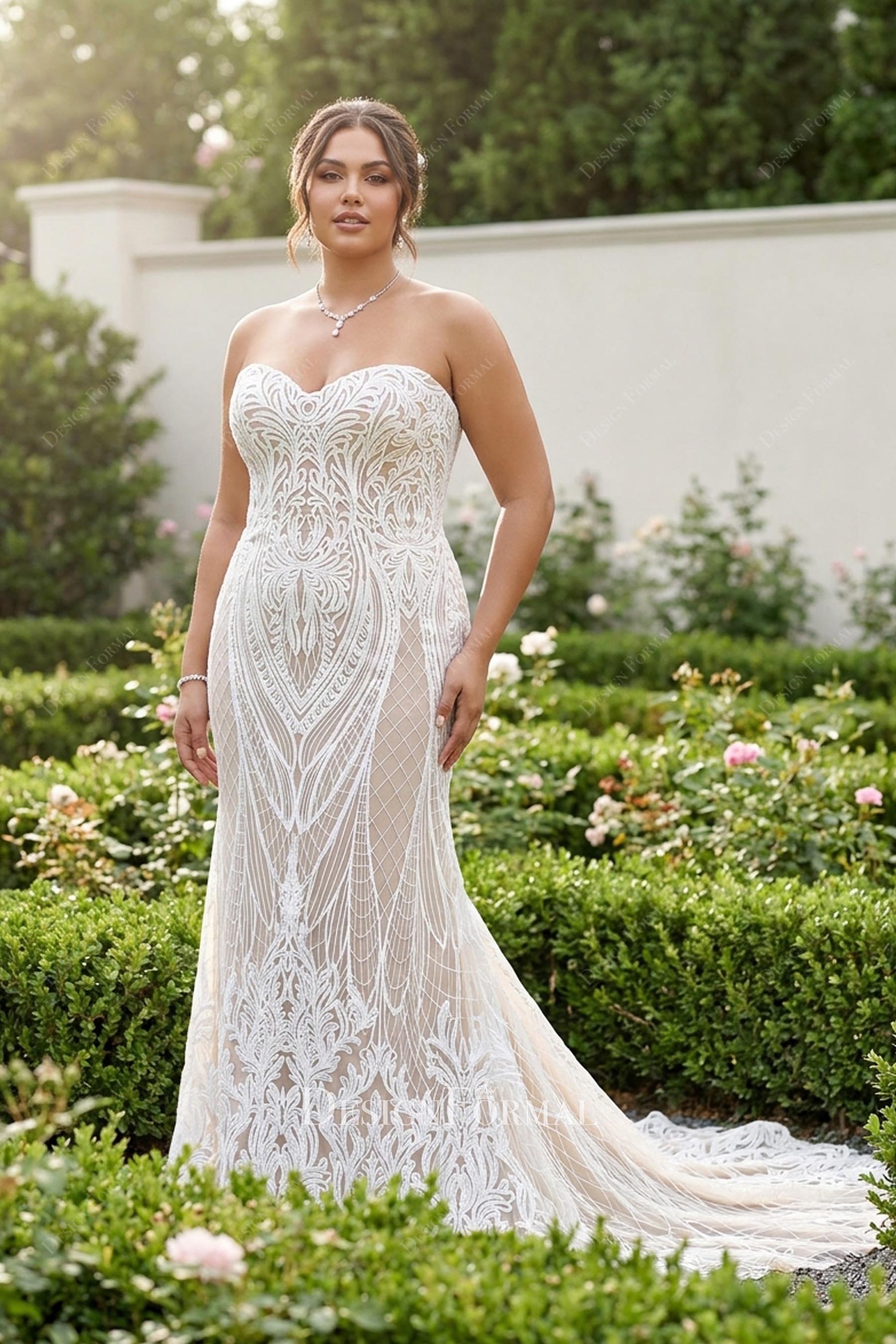 nude beige strapless mermaid lace wedding dress