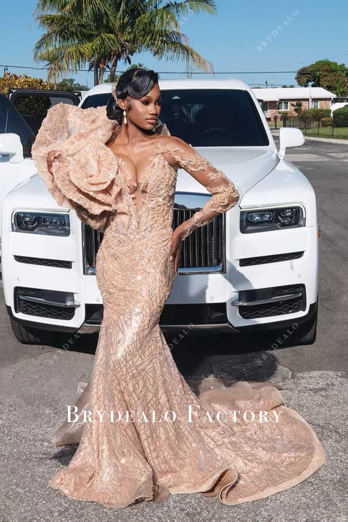Glitter Nude Beige Ruffled Shoulder Trumpet Prom Dress Glitter Nude Beige Ruffled Shoulder Trumpet Prom Dress