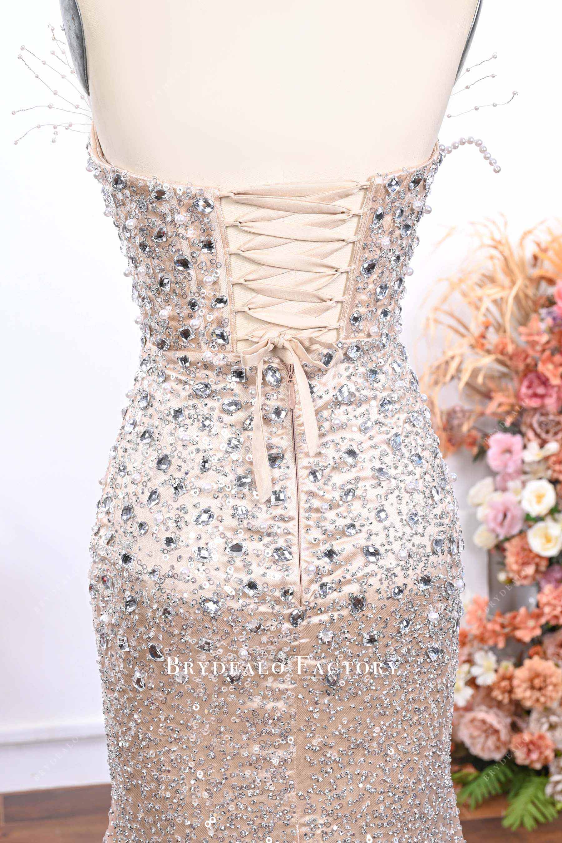 nude glitter backless prom dress