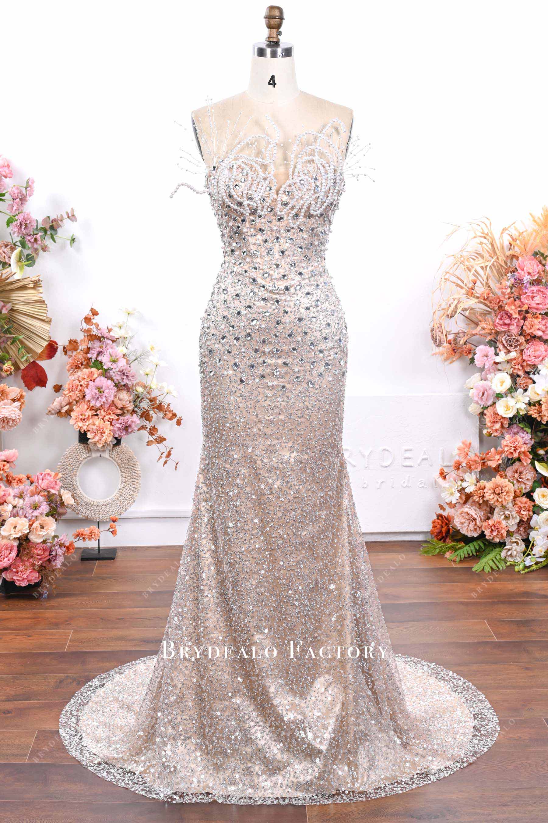nude glitter fit flare prom dress