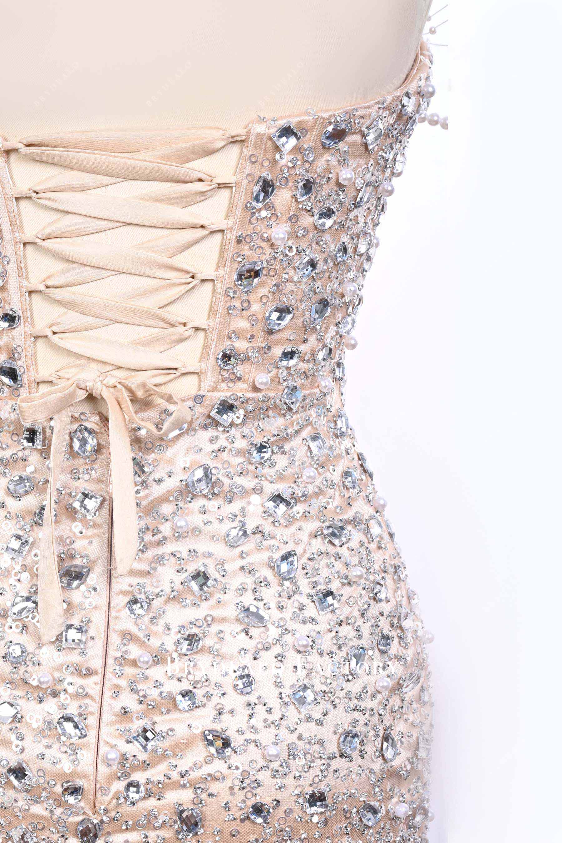 nude glitter lace up back prom dress