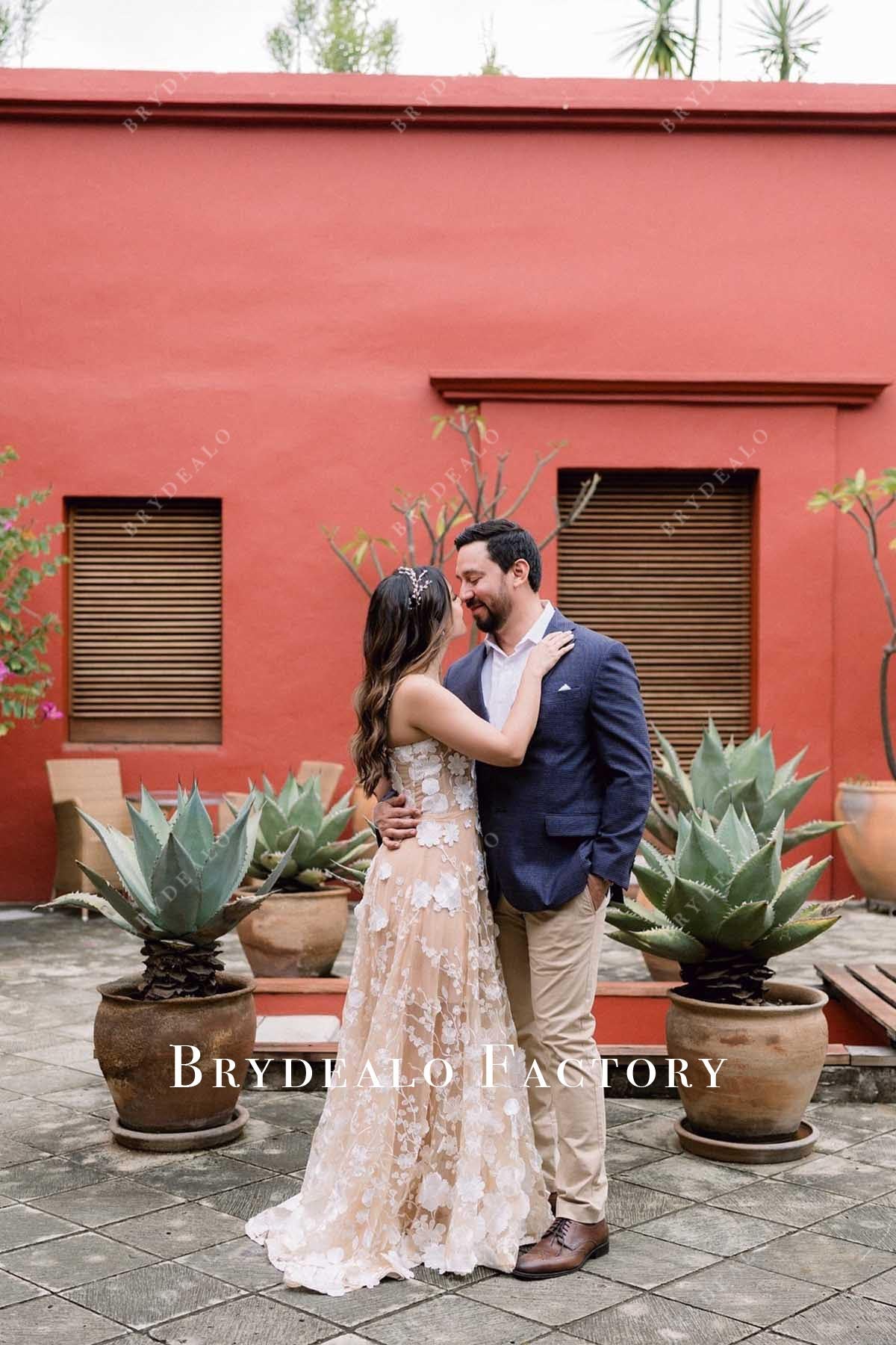 nude lace a line wedding dress