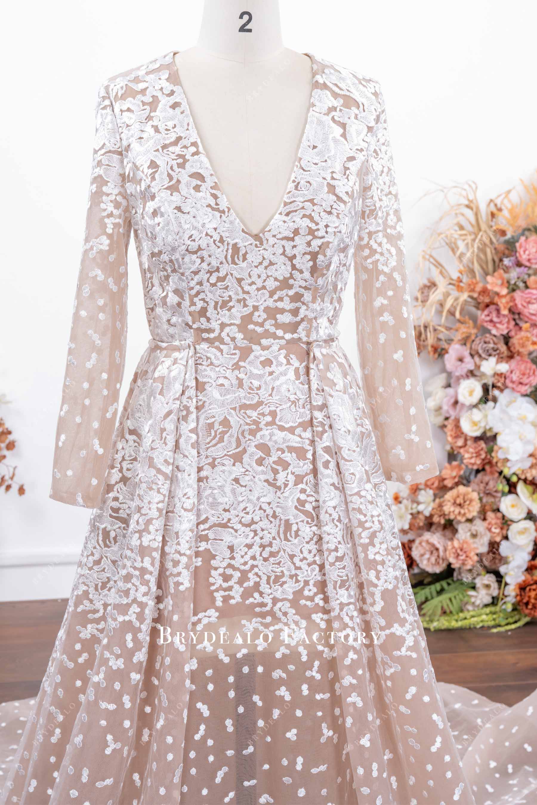 nude lace plunging wedding dress