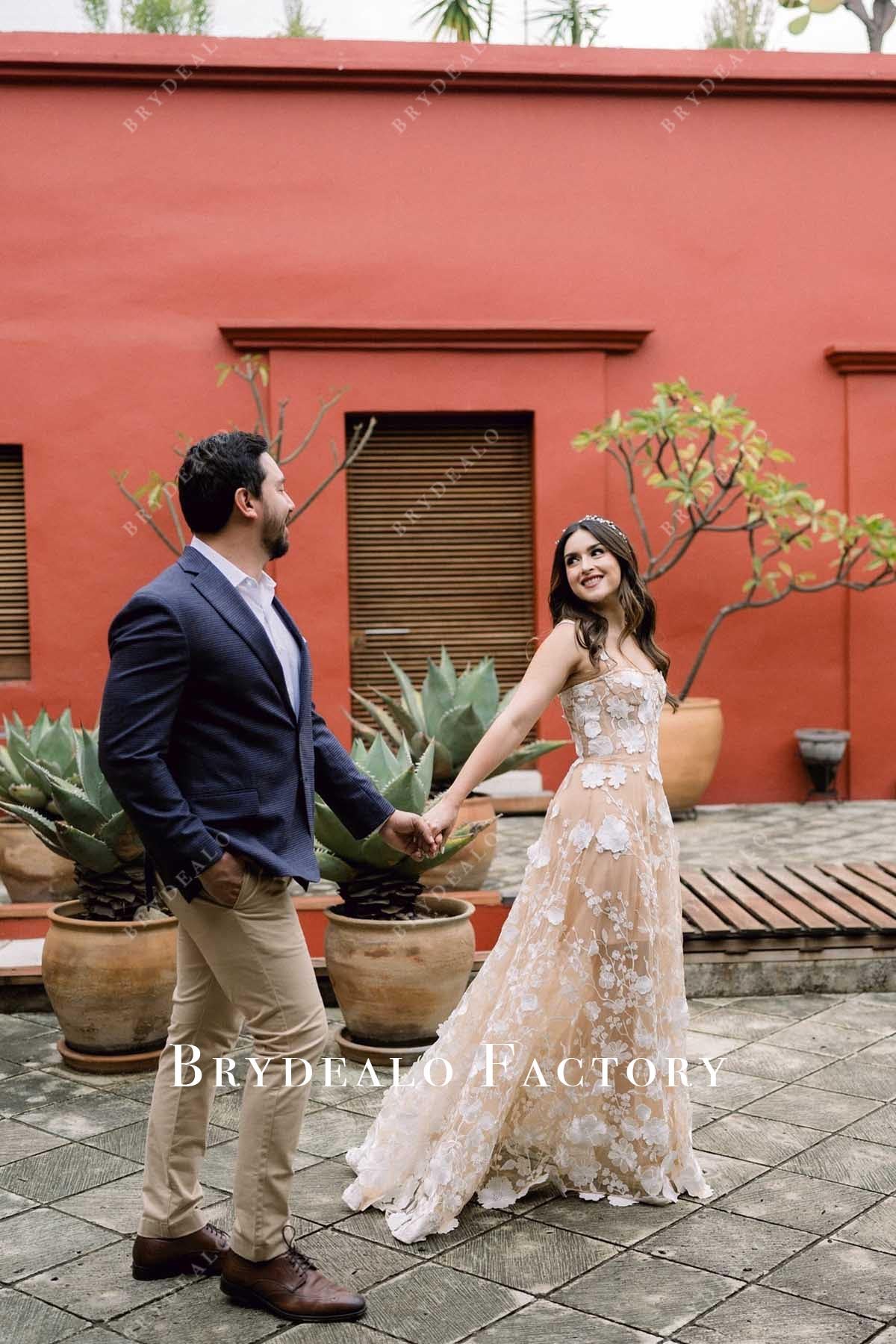 nude lace sweep train wedding dress