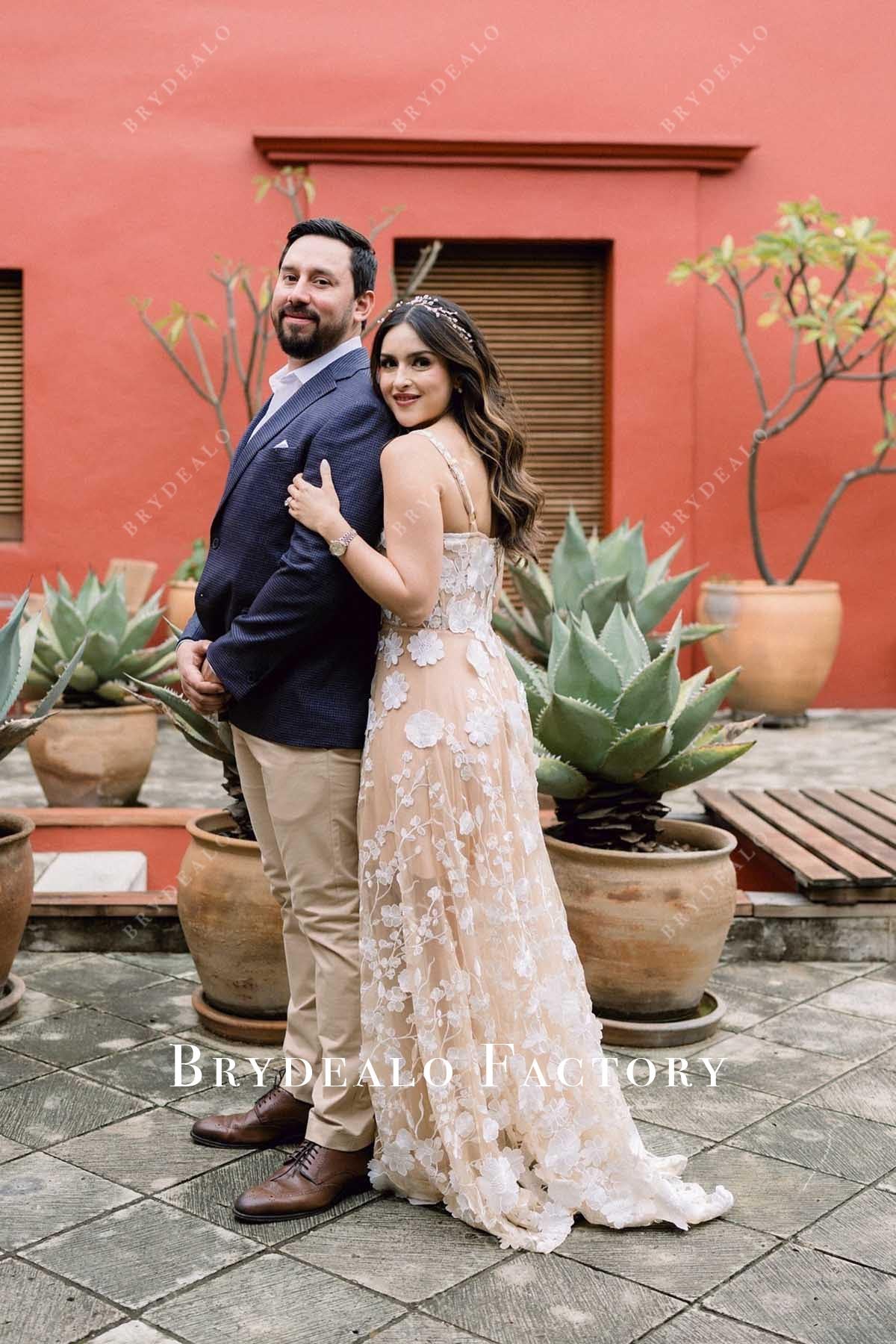 nude lace thin straps wedding dress