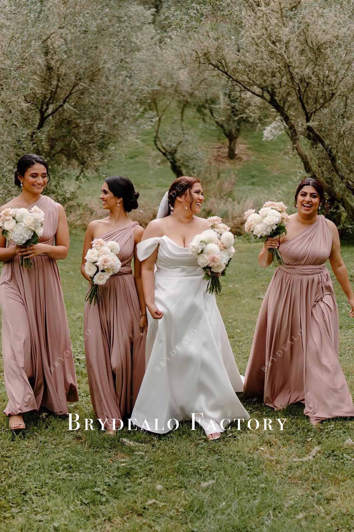 nude pink a line bridesmaid dress
