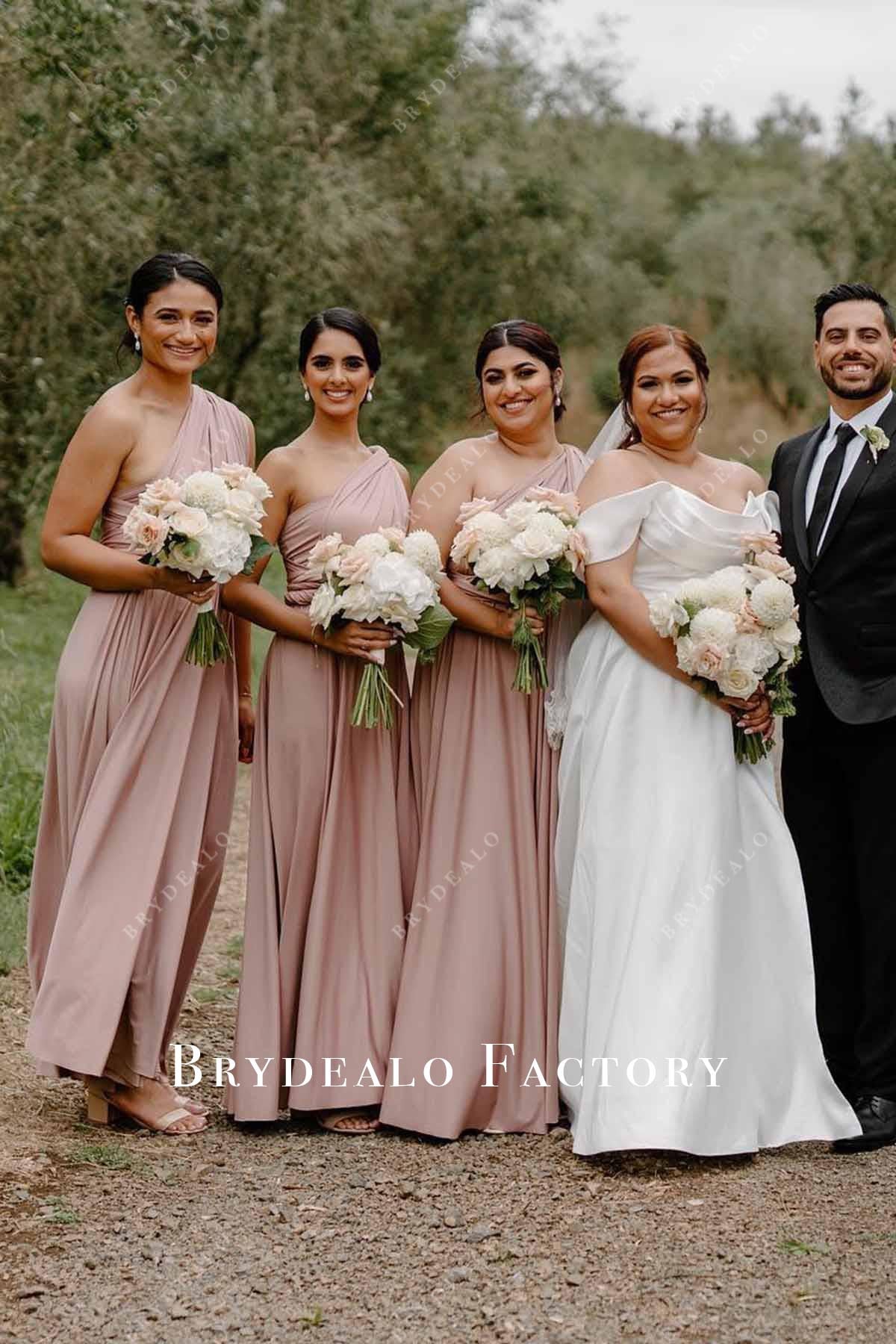 nude pink one shoulder bridesmaid dress