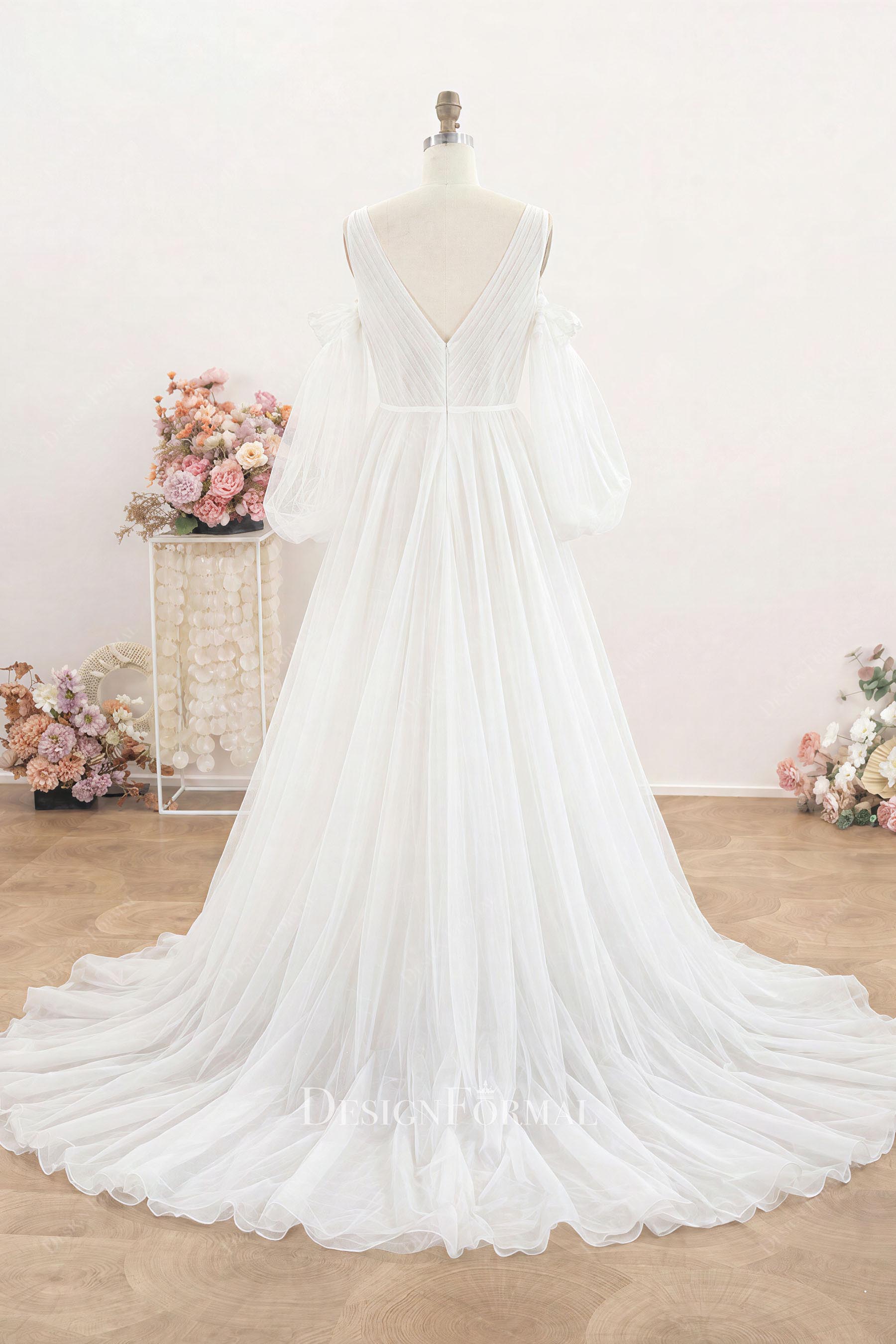 nude pink tulle court train wedding dress
