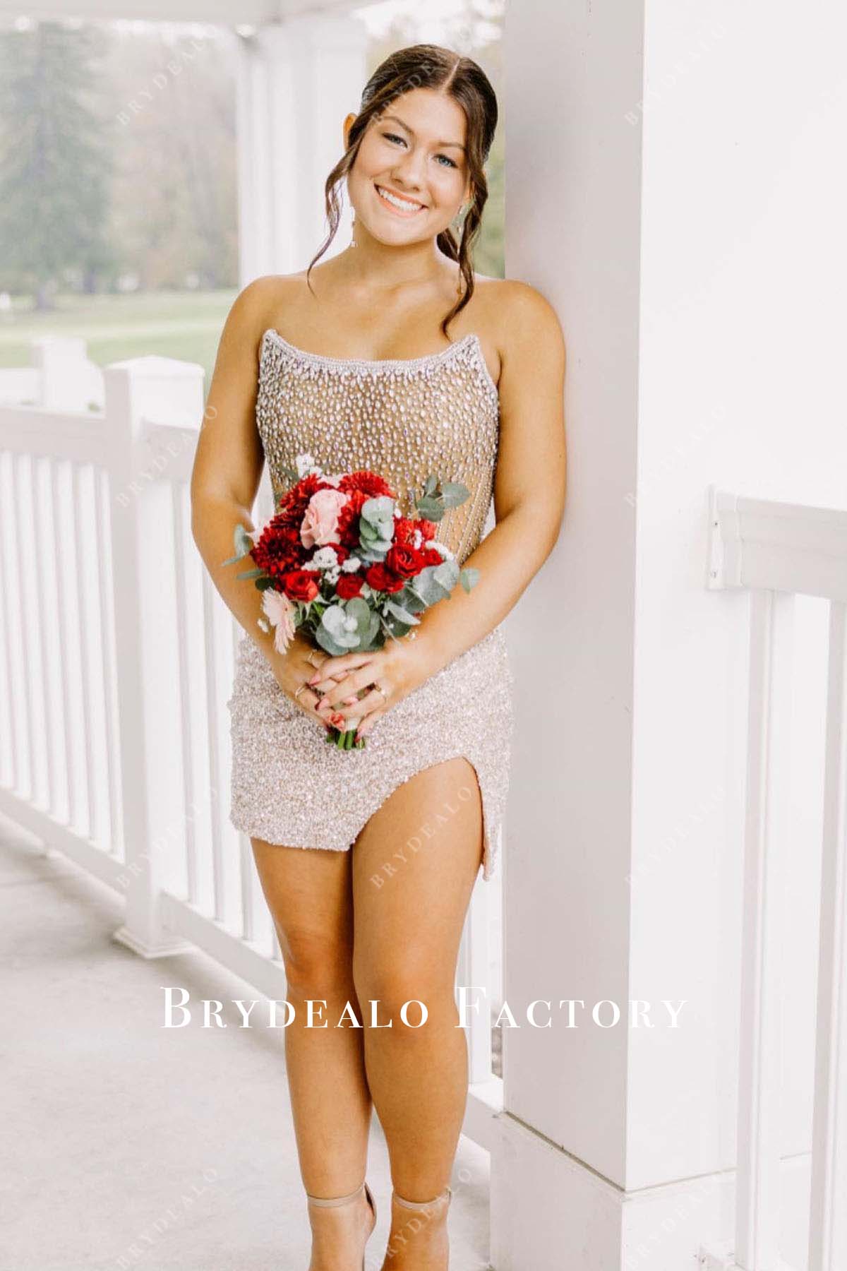 Rhinestones Nude Strapless Slit Mini Homecoming Dress Rhinestones Nude Strapless Slit Mini Homecoming Dress