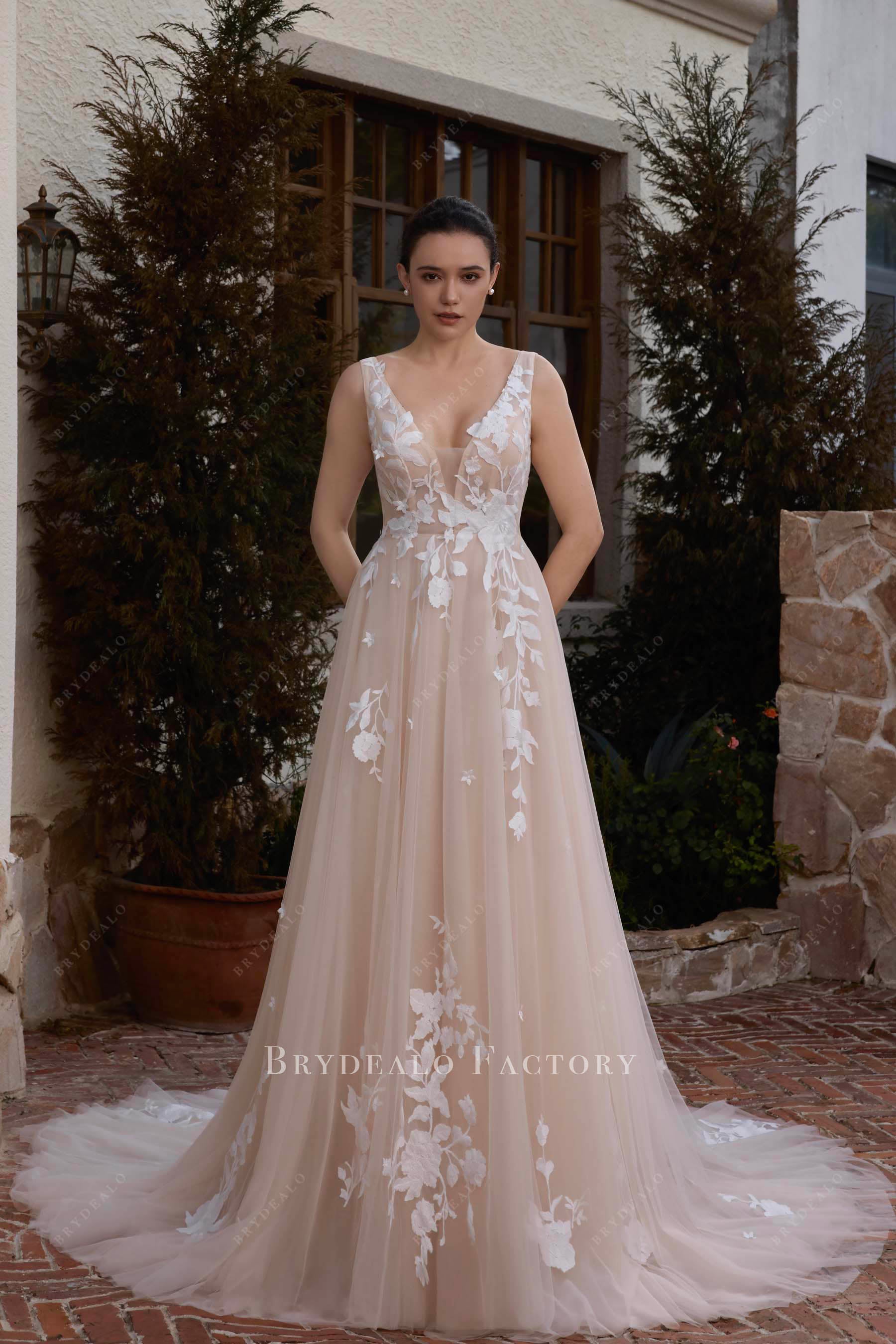 Nude Beige Floral Lace Plunging Neck A-Line Wedding Dress, White Nude Beige Floral Lace Plunging Neck A-Line Wedding Dress, White