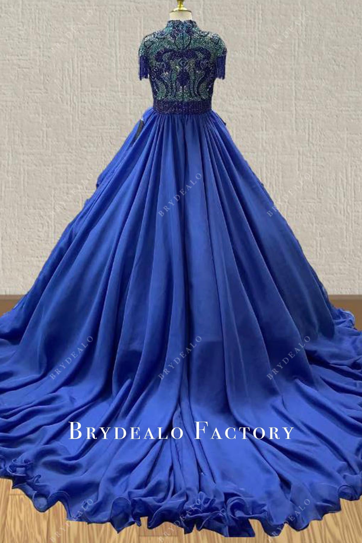 ocean blue court train pageant dress