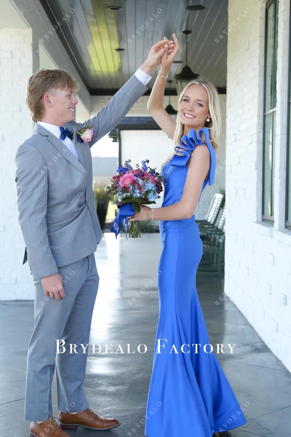 ocean blue floor length prom dress