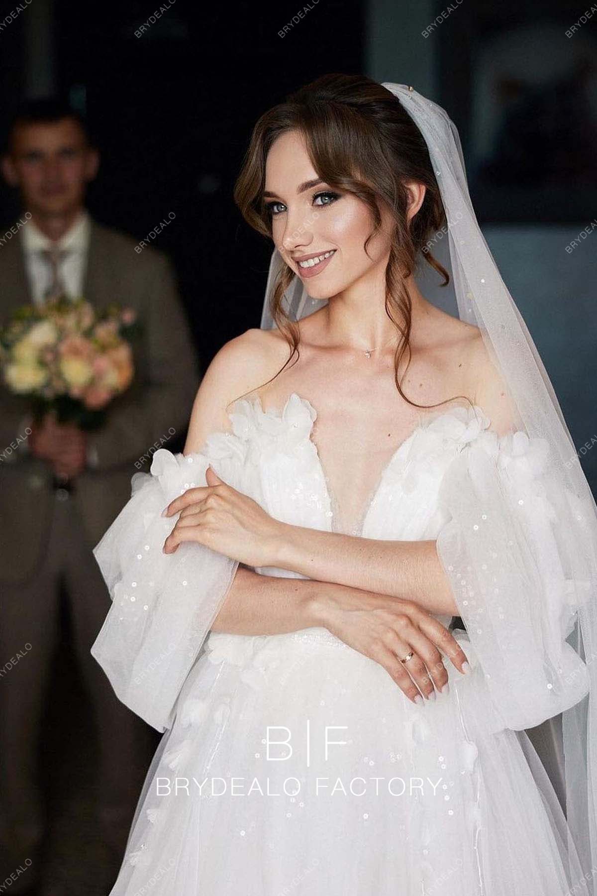 off the shoulder wedding dress with veil Shimmery Plunging Neck Off Shoulder Tulle Long Custom Wedding Dress