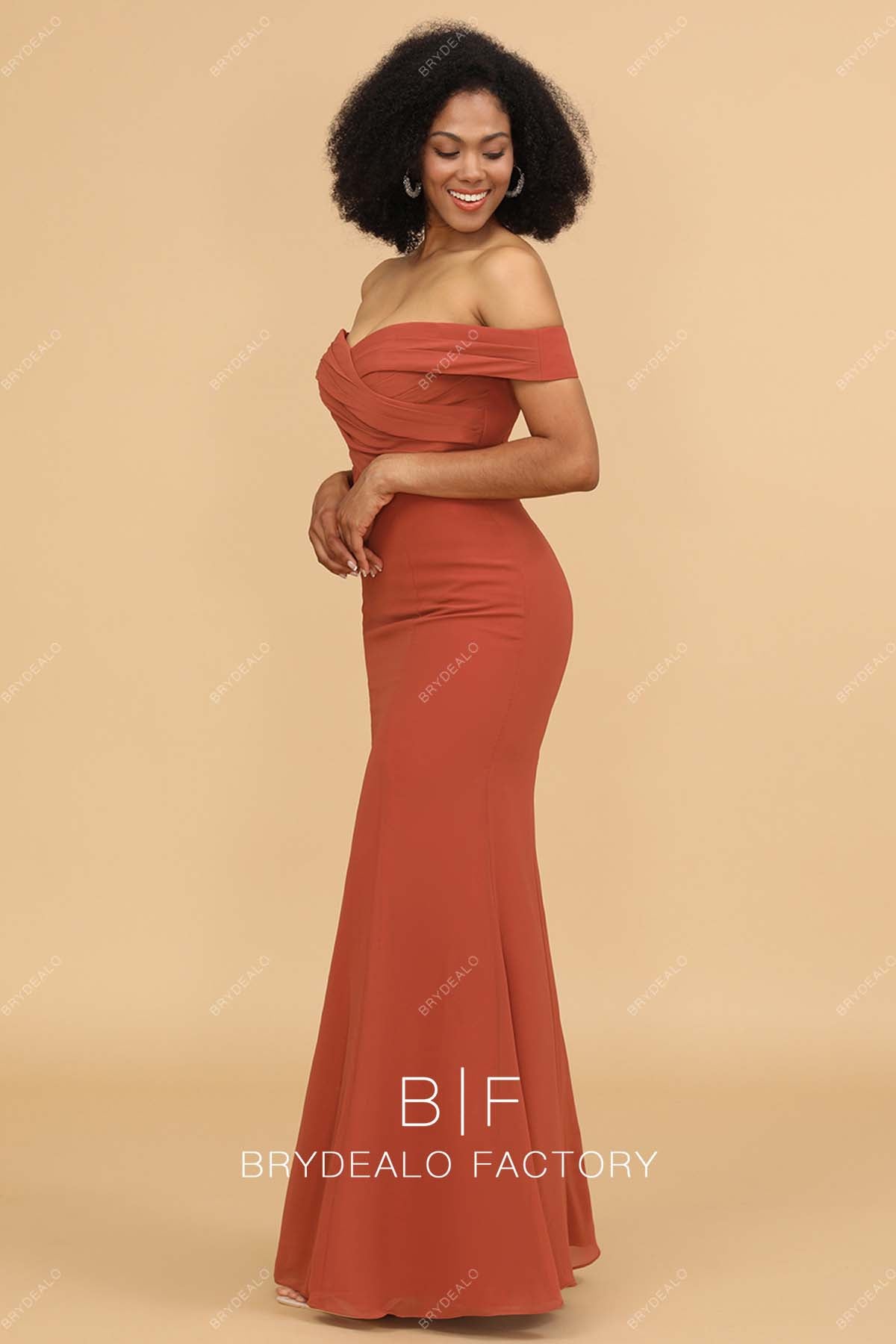 off shoulder chiffon rusty bridesmaid dress