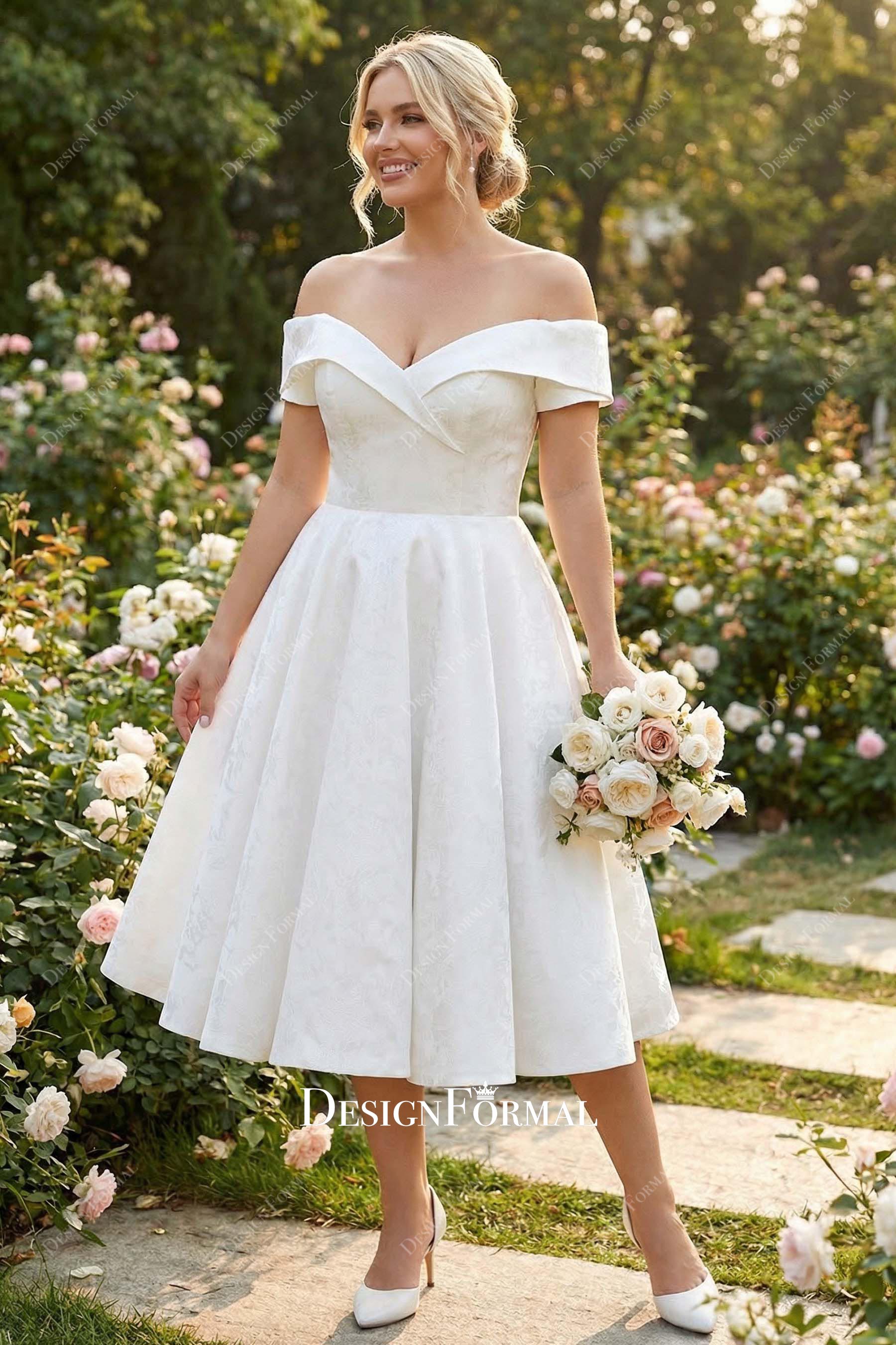 Plus Size Jacquard Sweetheart Bardot Midi Garden Wedding Dress Plus Size Jacquard Sweetheart Bardot Midi Garden Wedding Dress