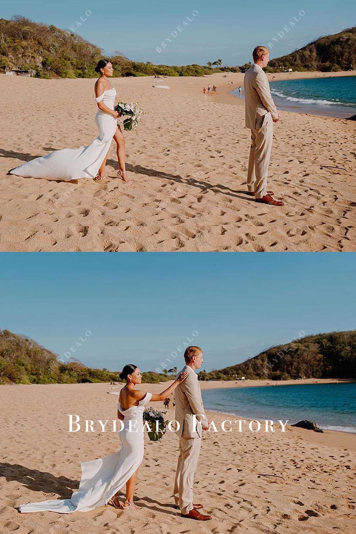 off shoulder cowl back wedding dress