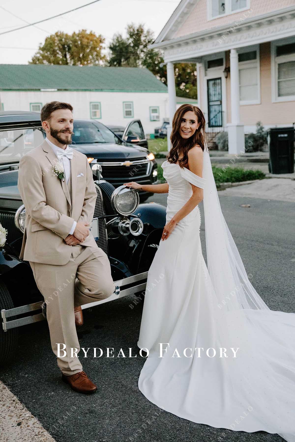 off shoulder cowl neck wedding dress