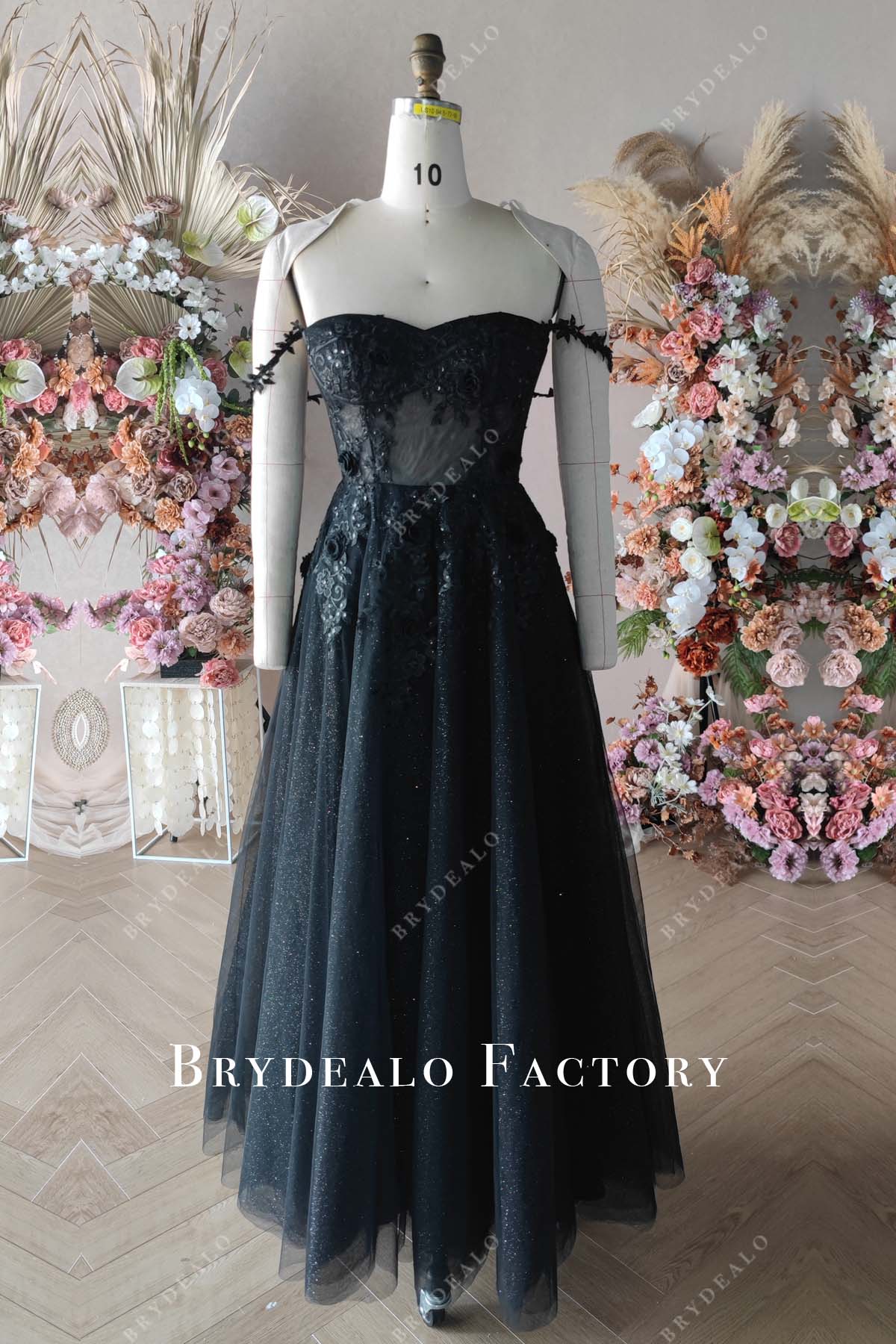 Lace Gothic Black Off Shoulder Corset Bridal Gown