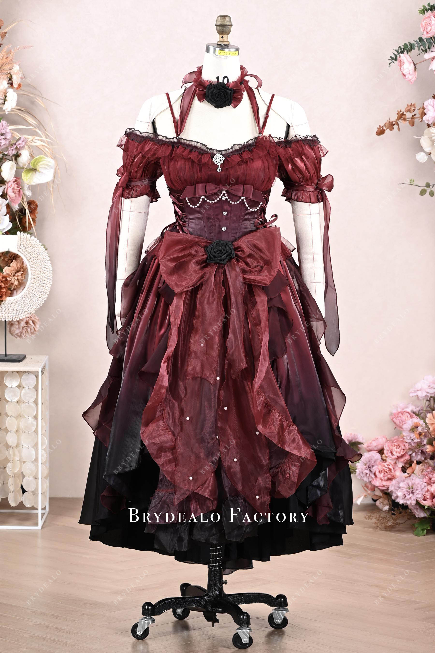Off Shoulder Flower Choker Red Black High Low Lolita Dress Pink + White / L Off Shoulder Flower Choker Red Black High Low Lolita Dress Pink + White / L