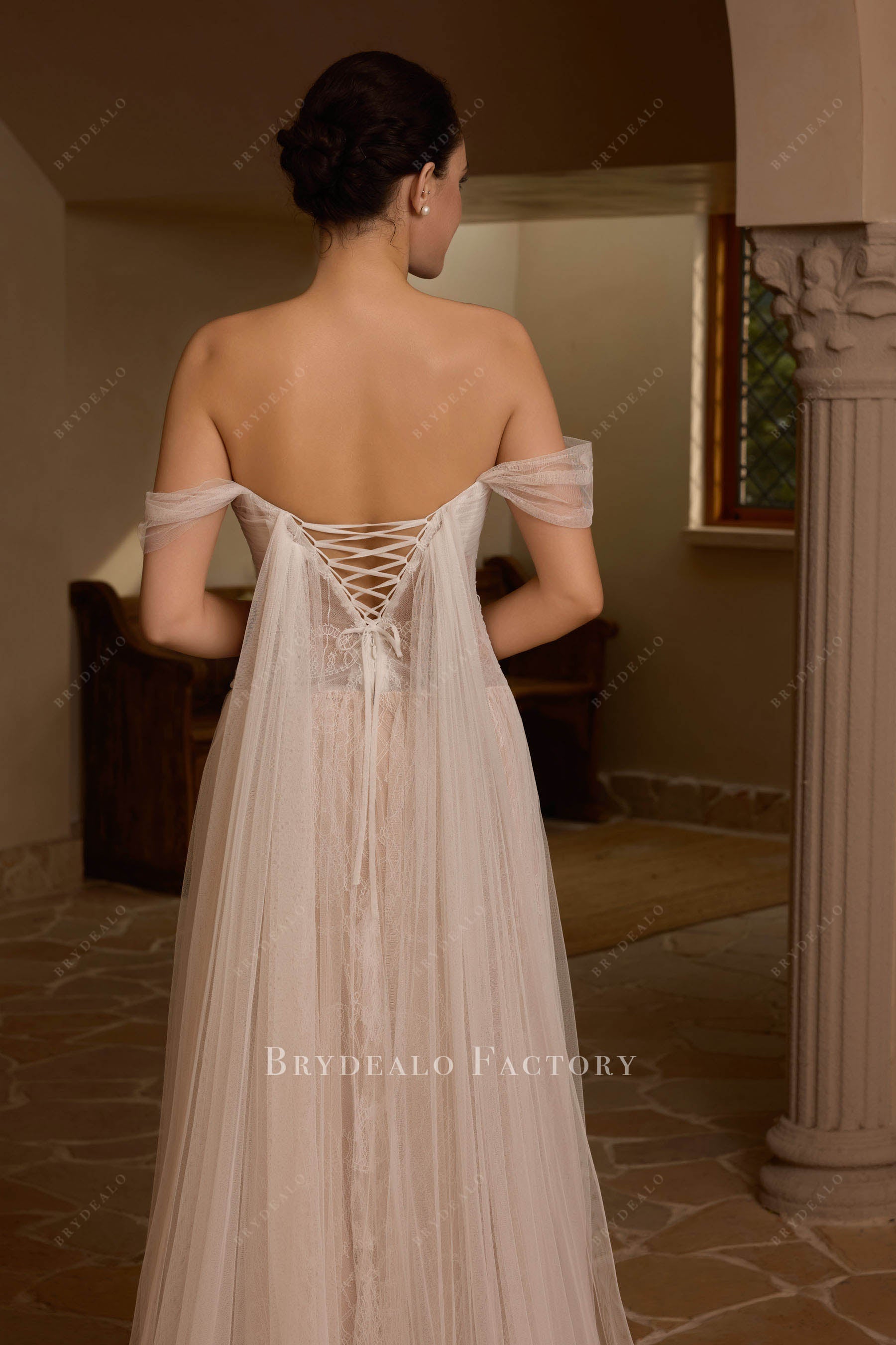 off shoulder lace up back wedding dress