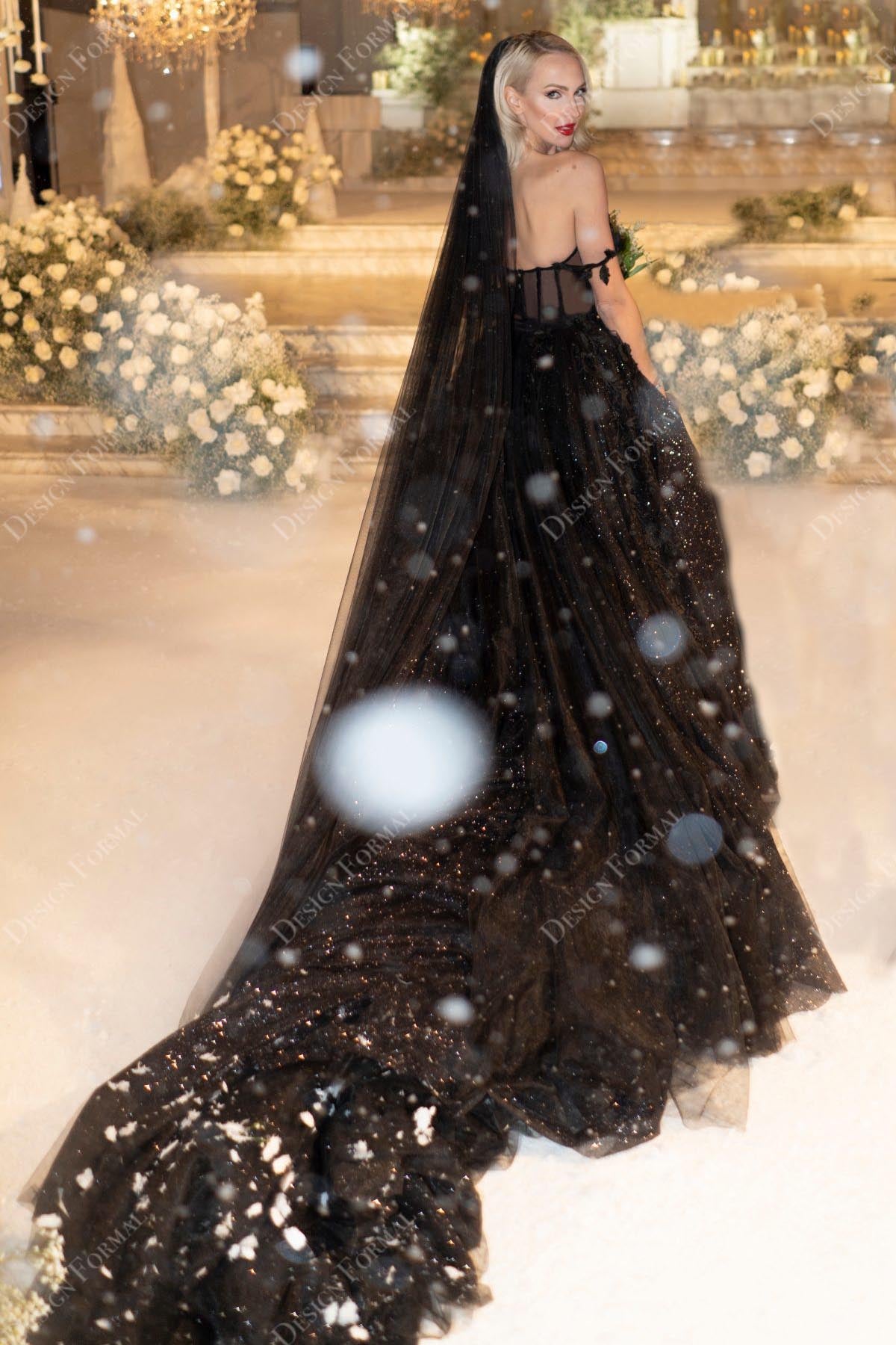 off shoulder long train sparkly black gothic Wedding dress