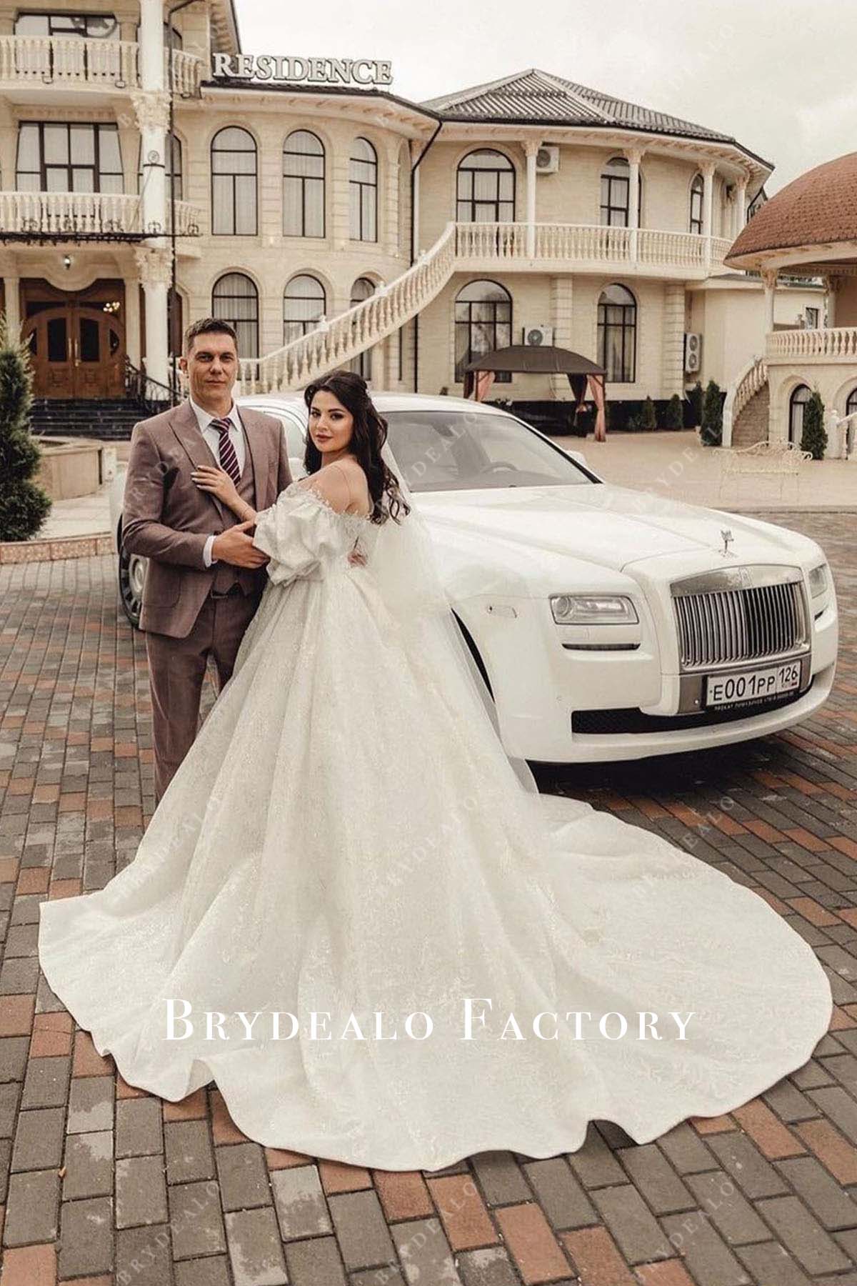 off shoulder long train wedding dress